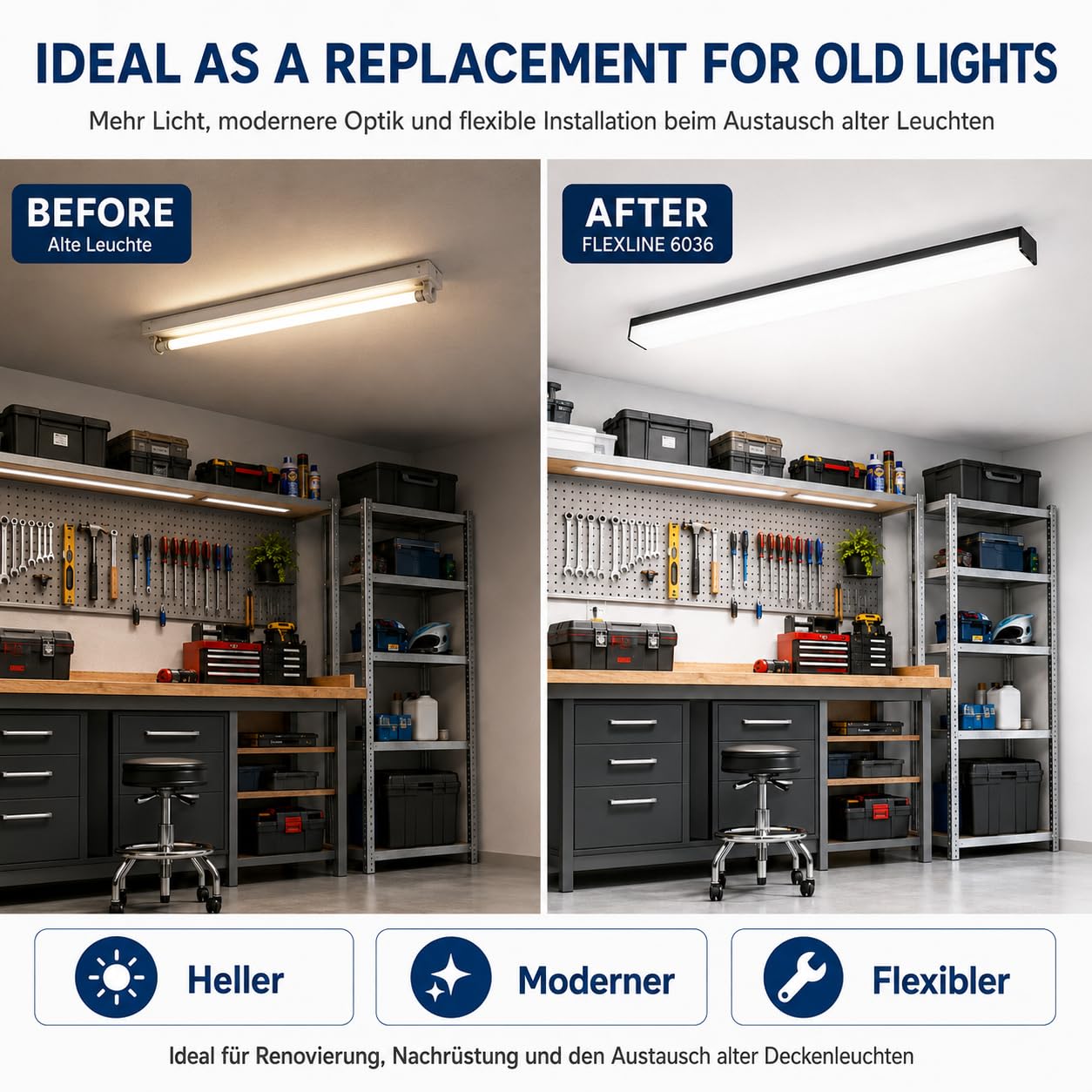 BrightFly LED Lichtleiste Schwarz 120 cm 2er Pack mit EU-Stecker, 3 Farbtemperaturen 3000K/4000K/6500K, 3610 lm, Moderne Deckenleuchte für Küche, Garage, Keller und Werkstatt