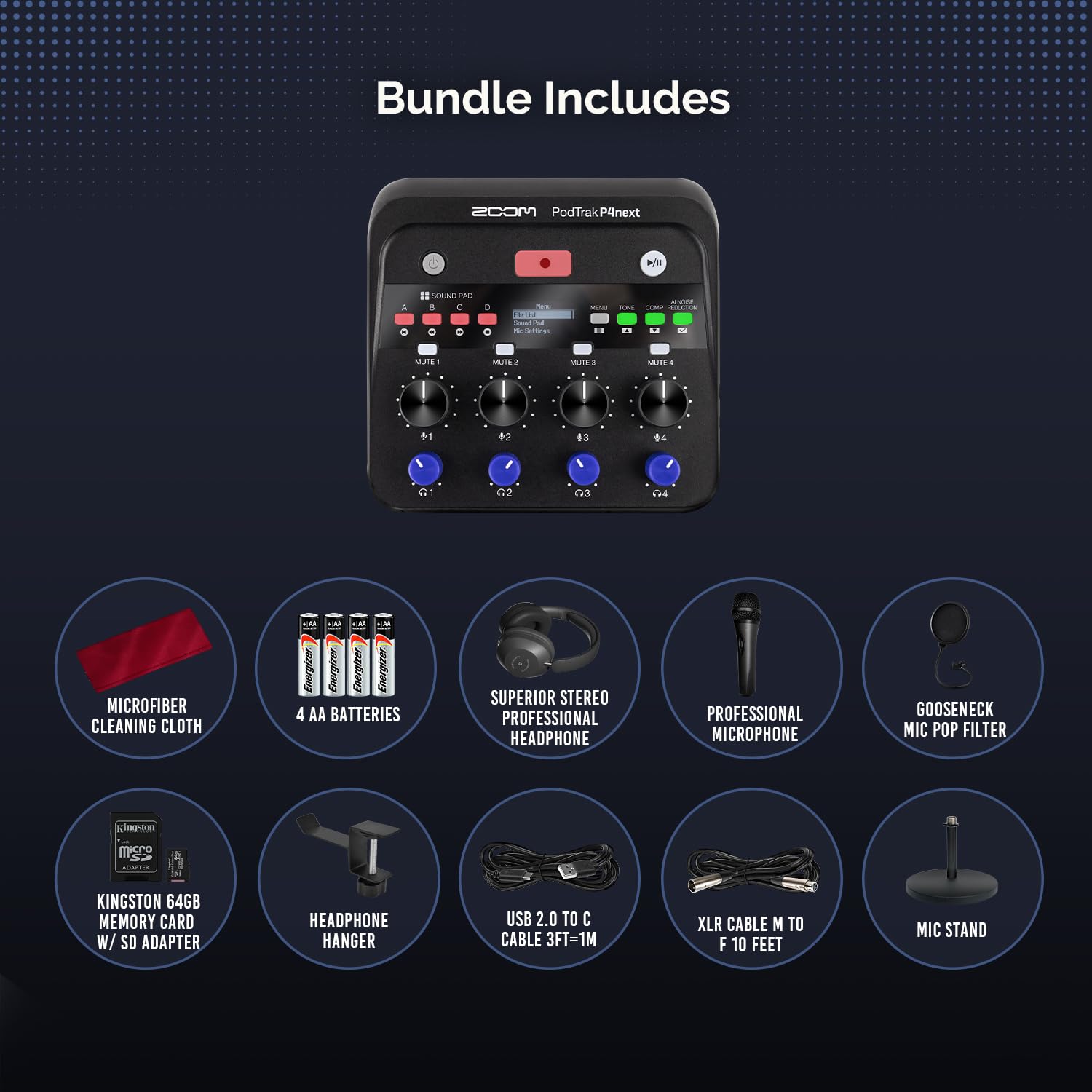 Zoom PodTrak P4next - Registratore audio multitraccia portatile, con 4 ingressi microfono, microfono portatile, cuffie, supporto per microfono, filtro pop per interviste, registrazione remota degli