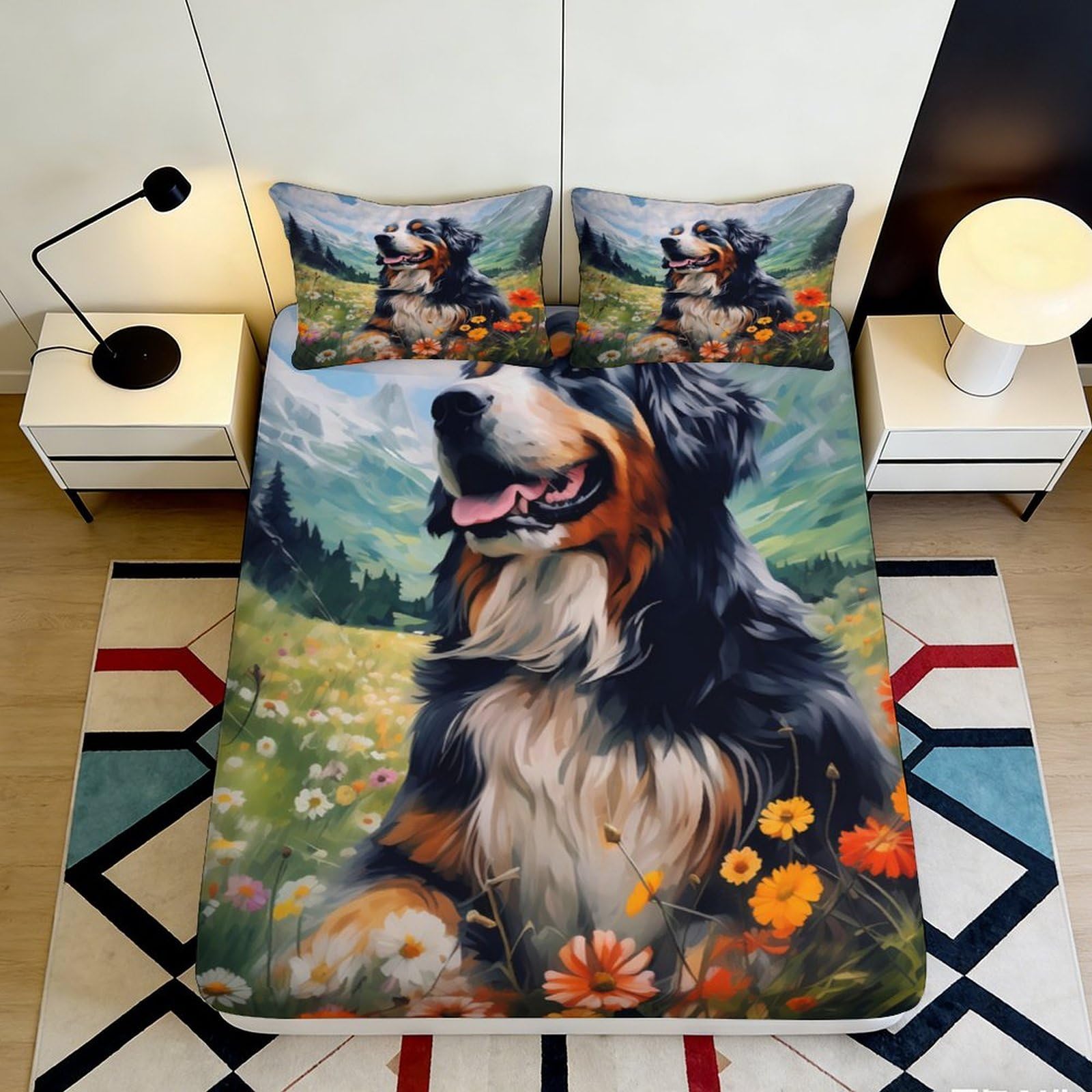 3D Printed Bernese Mountain Dog Fitted Sheet Microfiber Wildflower Meadow Bed Cover for Bedroom Guest Room Decor 90x200x25cm
