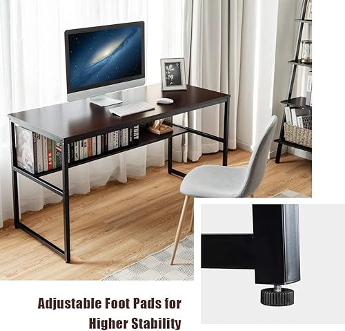 Miniatura 8 de Tangkula Escritorio para computadora de 55 pulgadas con estantería, mesa de escritura de estudio con estante de almacenamiento y marco de metal