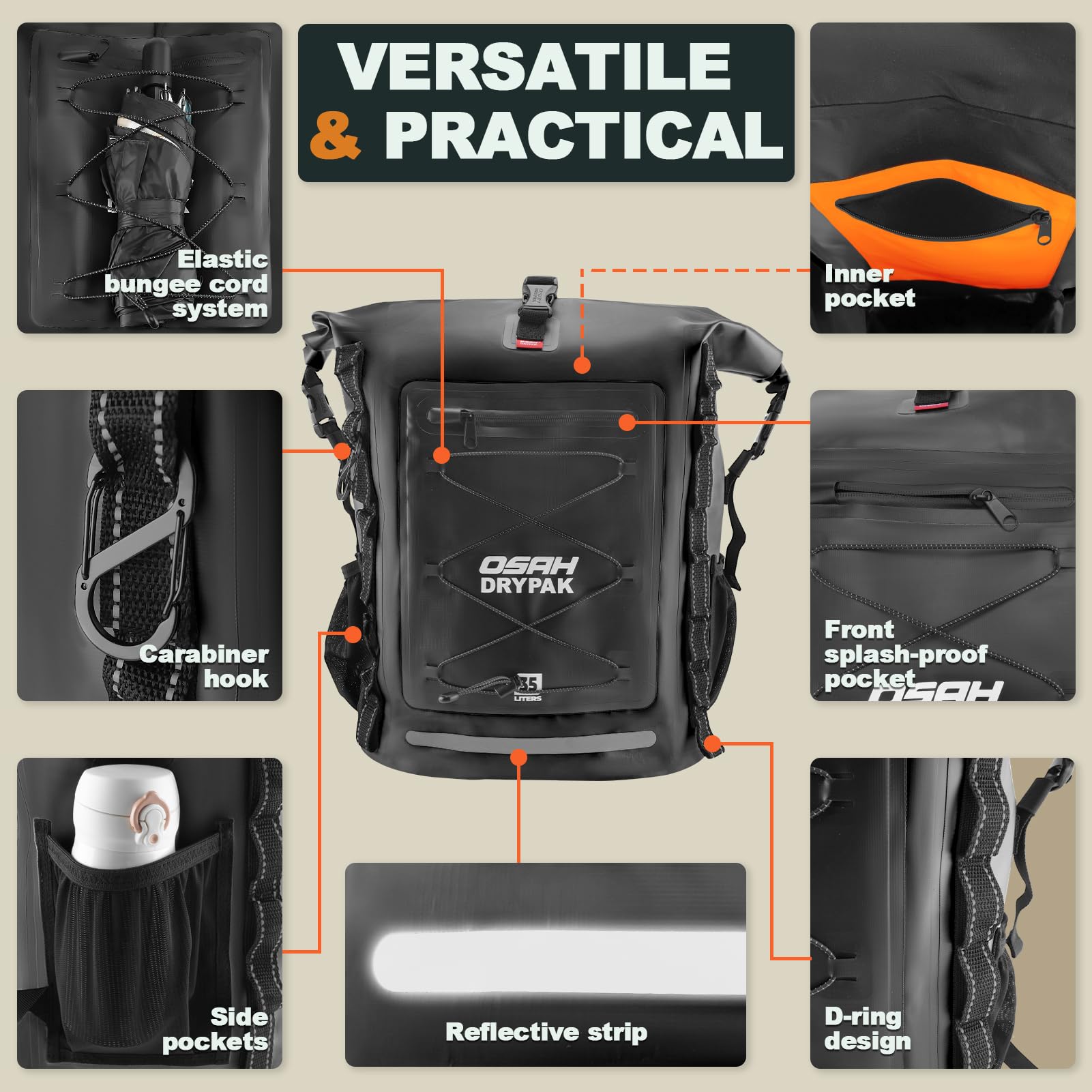 OSAH DRYPAK Mochila Impermeable Dry Bag 25L/35L/55L/85L – Mochila Roll-Top Resistente para Senderismo, Viajes, Kayak, Barco, Camping, Rafting y Pesca