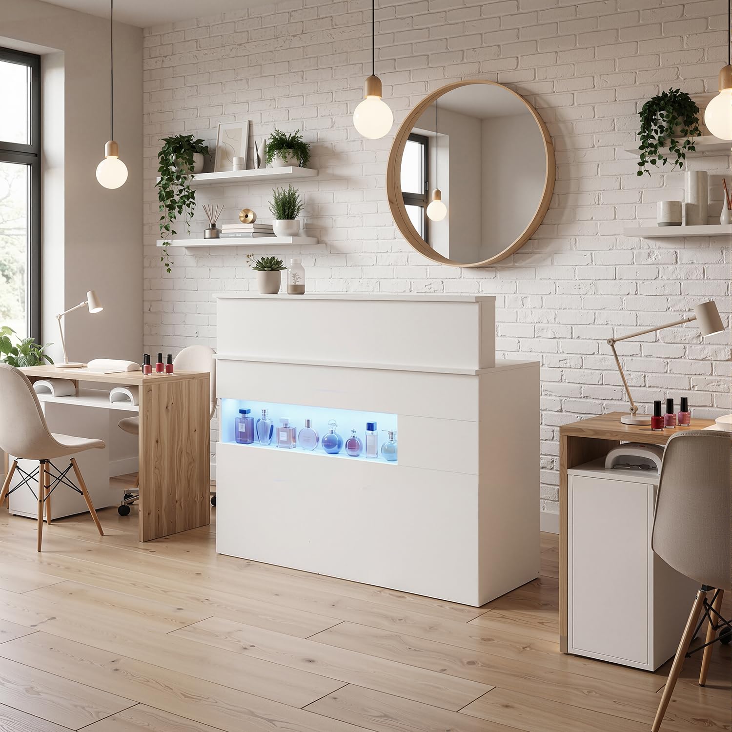 Erster Eindruck für Ihren Salon Profi-Empfangstheke für Nagelstudios & Kosmetiksalons, Rezeptionstresen mit Tastaturauszug & Display-Fach, 120 x 100 x 50cm, Weiß