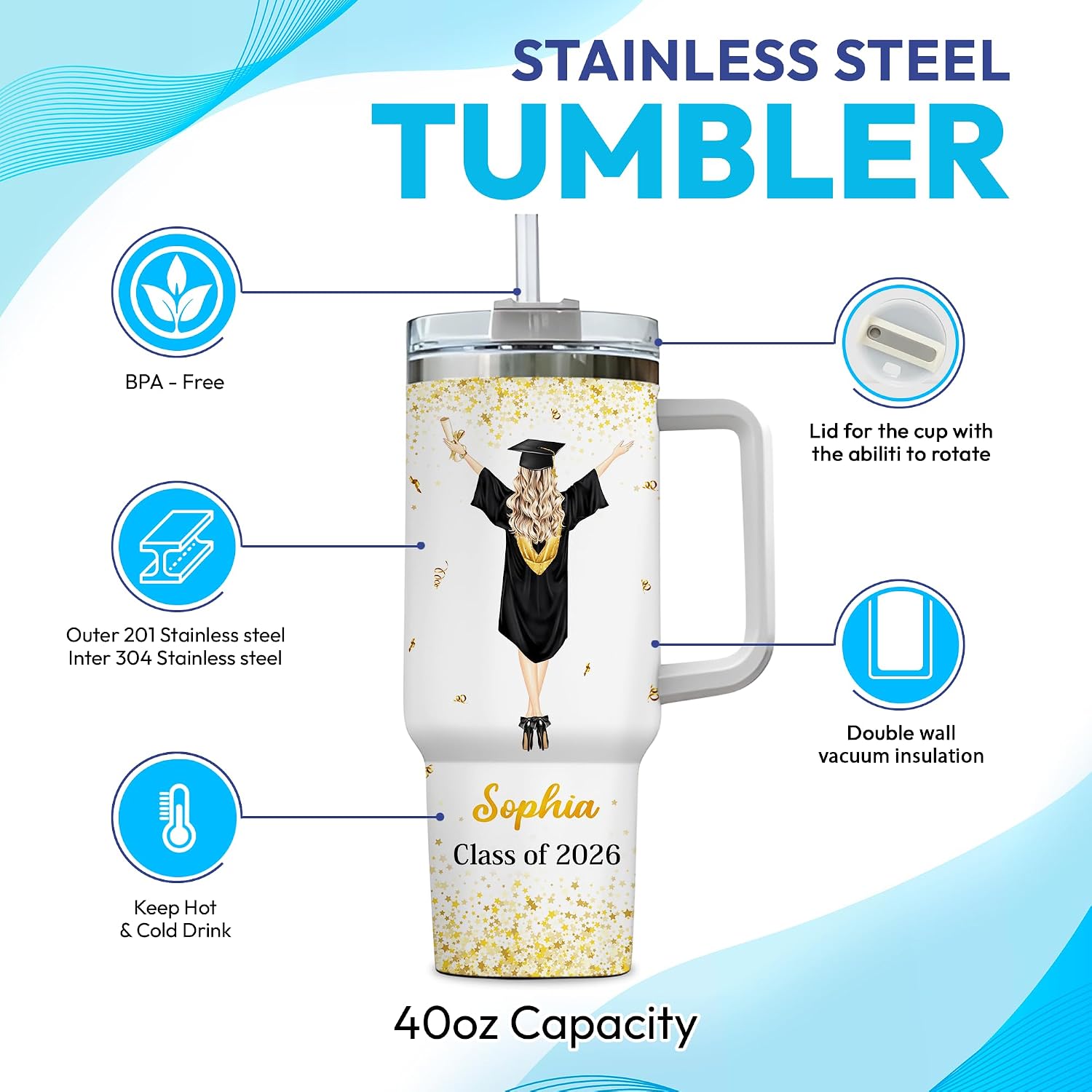Hyturtle Personalized Graduation 2026 Tumbler 40 Oz with Handle and Straw - She Believe So She Could - Stainless Steel Travel Cup - Graduation Gift For Her, Class Of 2026 - College Graduate Gifts