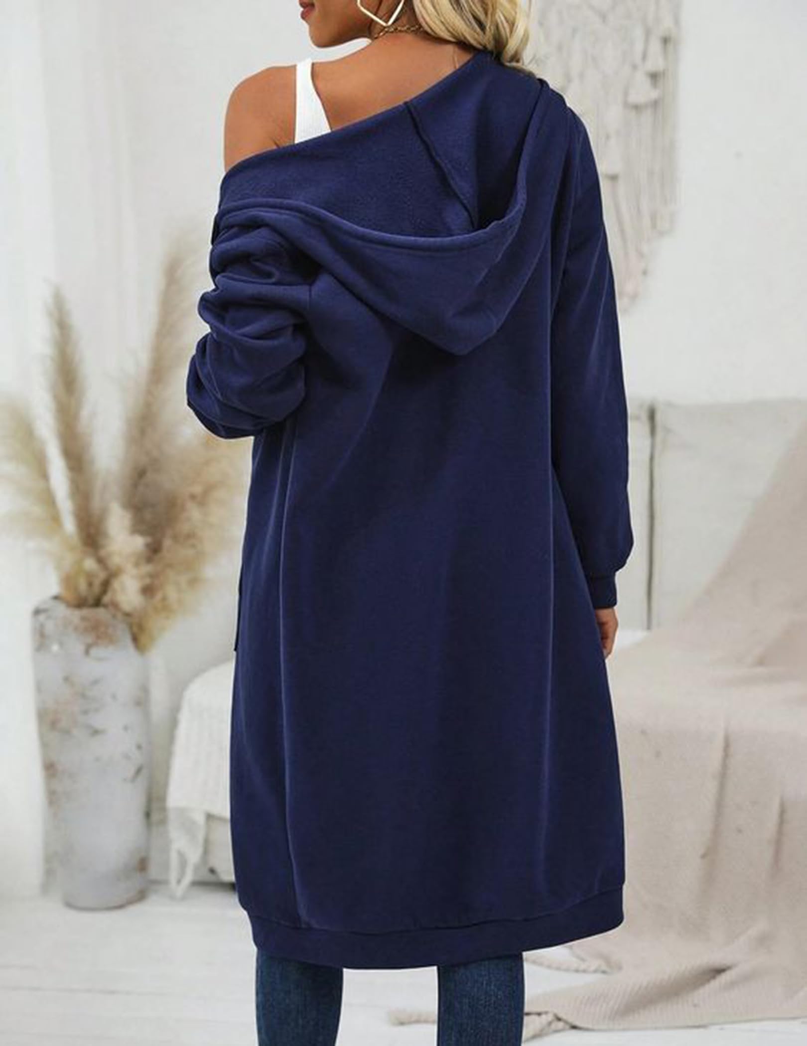 Zeagoo Felpe con cappuccio da donna con zip oversize in pile lunghe a tunica felpe casual a maniche lunghe 2026 autunno giacca con cappuccio cappotto, Blu scuro, XXX-Large