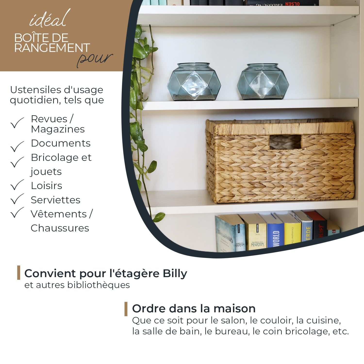HMF Panier de rangement compatible avec étagère Billy, Panier tressé en jacinthe d’eau avec trois poignées | lot de 4 | 35 x 25 x 20 cm | naturel