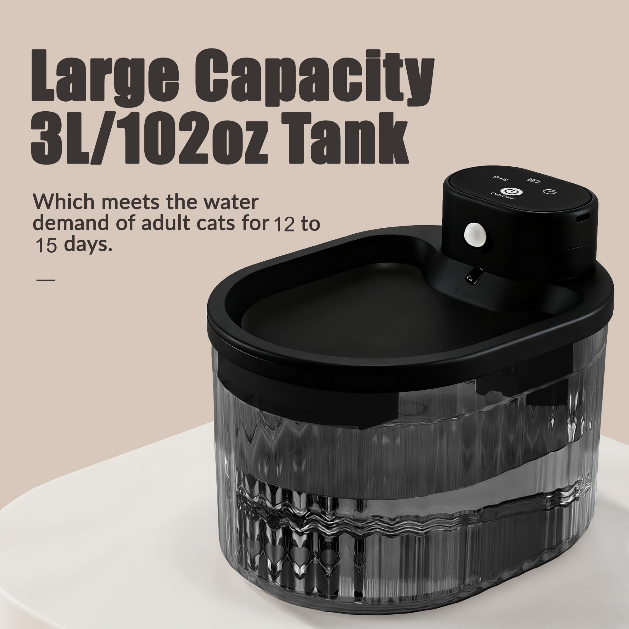 Fontana d'acqua wireless per gatti con sensore di movimento, batteria a lunga durata da 5200 mAh, 3 l, pompa ultra silenziosa, 3 filtri, erogatore automatico di acqua per animali domestici