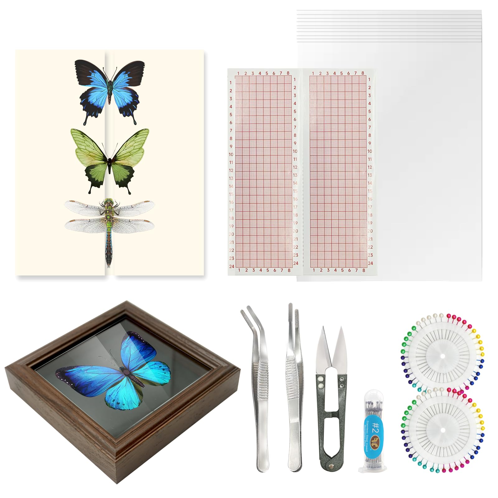 18Pcs Insect Pinning Kit, Beginner Entomology Kit with Tracing Paper, Tweezers, Scissors, Picture Frame, Insect Pins, Butterfly Pins and Foam Pinning