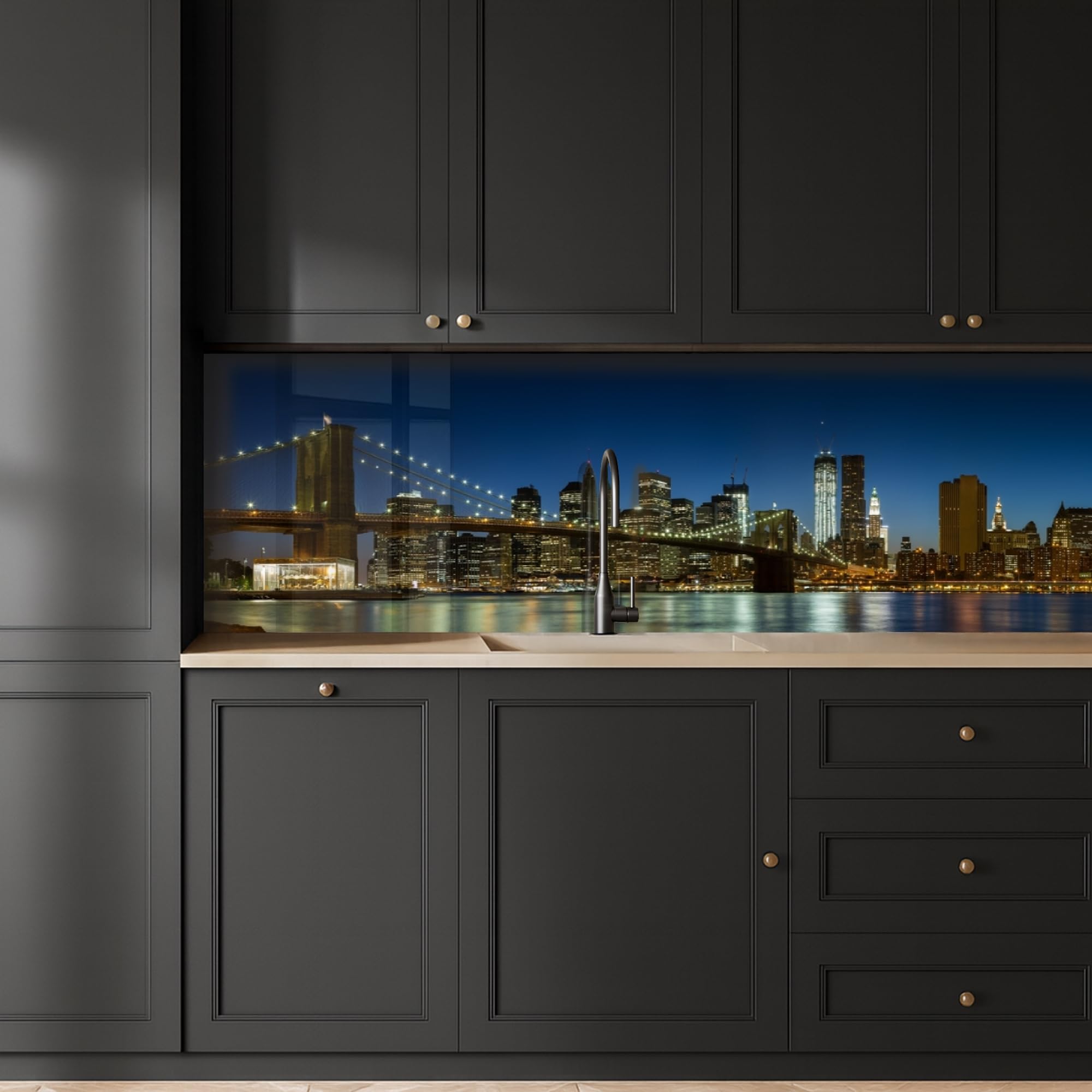 KitchenYeah© Spritzschutz Küchenrückwand 60x300 cm Selbstklebend Küche Rückwand Küchenwand Wand Küchenfront Verkleidung Küchenspritzschutz Stadtlichter - Abend - Skyline - Brücke