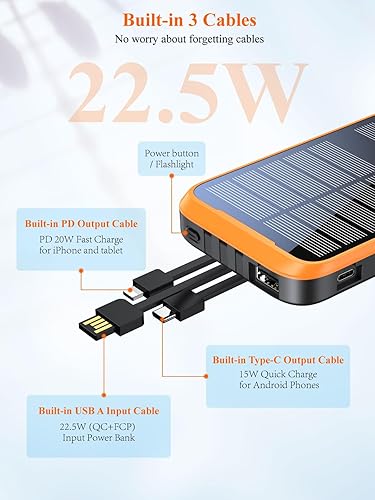 Miniatura 5 de RETMSR Cargador portátil cargador solar de 38800 mAh 10 W inalámbrico QC30 225 W PD 20 W carga rápida paquete de batería con 3 cables integrados