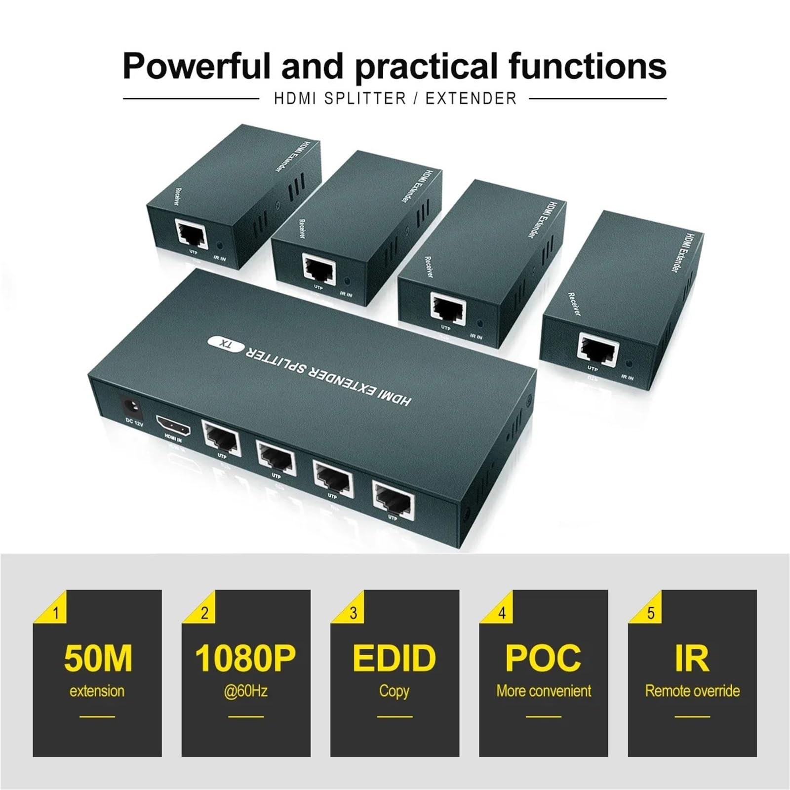 Commutateur répartiteur KVM 4K x 2K compatible HDMI/USB 1 x 4 HDMI 60 m 1 à 4 sur caT5e, Cat6 RJ45 Sortie Full HD1080p (1 x 4-4K -CAT6-IR)