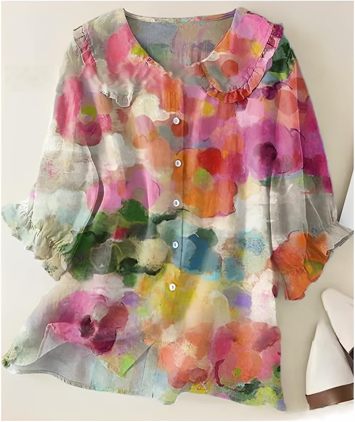 Women’s Summer Dressy Boho Floral Print 3/4 Sleeve Shirt Tops Comfy Casual Loose Cute Lapel Button Down Blouses - Image 2