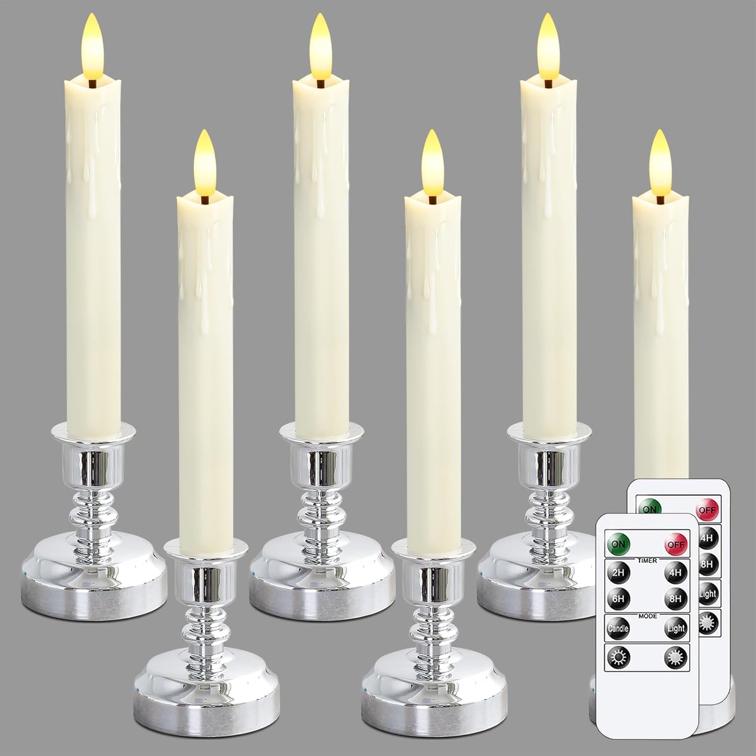LED Window Candles with Holders and Remote Controls, Ivory Flameless Battery Operated Fake Taper Pack of 6 Candles with Timer Function (Gold Holder)