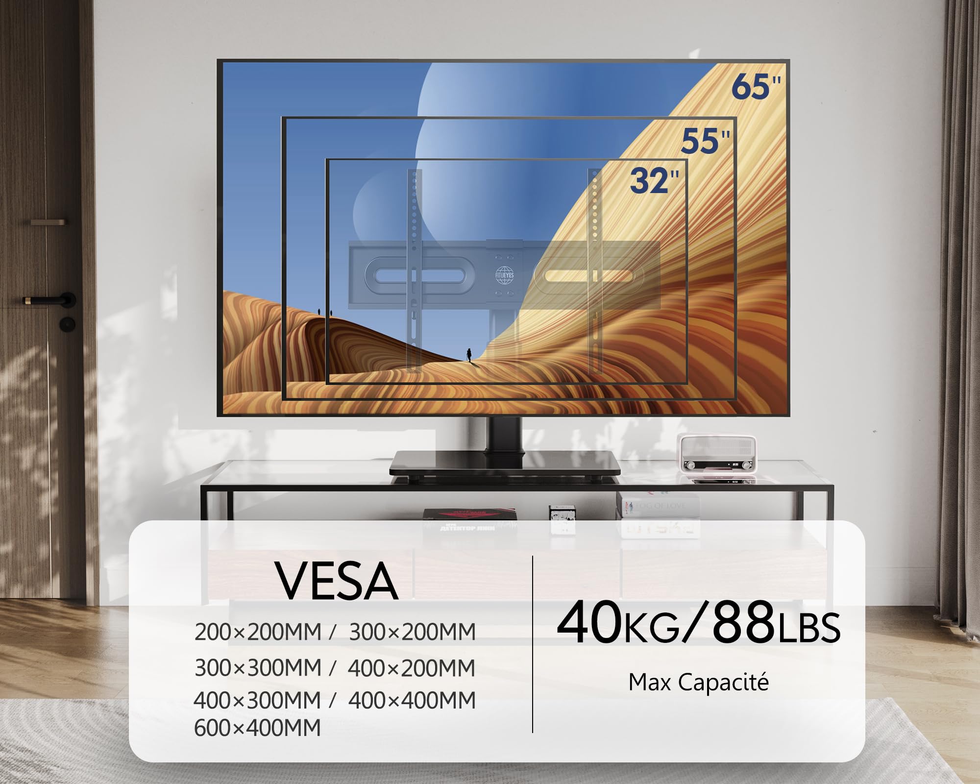 FITUEYES Support TV sur Pied, avec Base en Verre Trempé, 32-65 Pouces