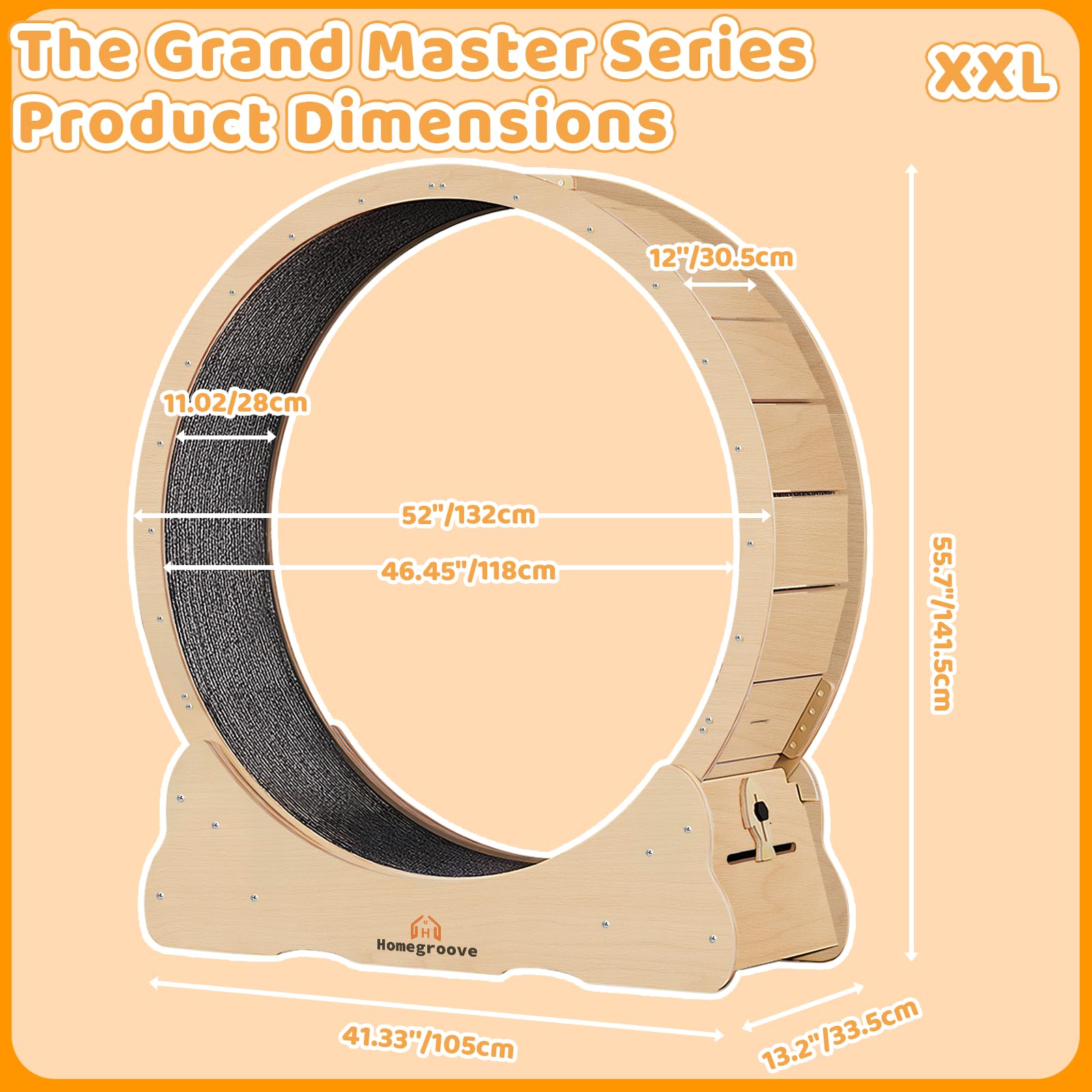 Homegroove Ruota per esercizi per gatti XXL, 132 cm, in legno massello, con blocco di sicurezza integrato, design di allineamento della colonna vertebrale, per interni di grandi dimensioni (XXL, legno