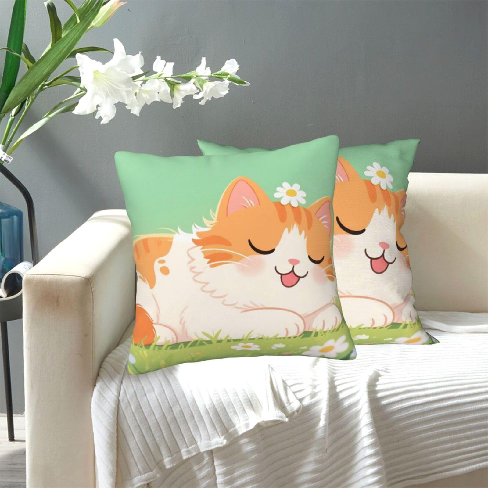 FekiLoot Decorative Throw Pillow Covers Modern Farmhouse Pillowcase Double Sided Cozy Cushion Cover for Sofa Couch Bed 12"X12" Cute Daisy Cat