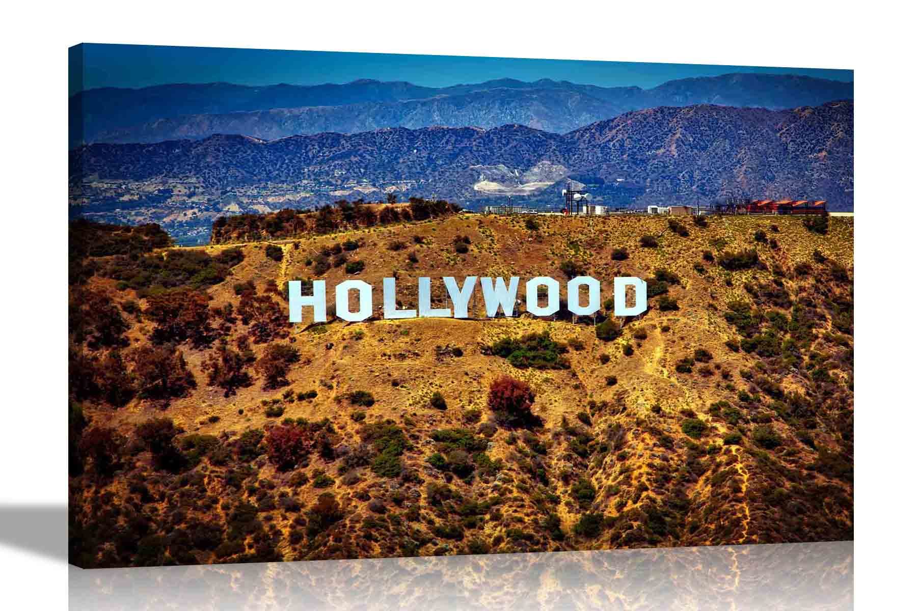 Artley Prints Multicoloured Iconic Hollywood Sign Canvas Wall Art Prints City Artwork Photos Home Room Decor Stretched And Framed Pictures To Hang 101 X 76Cm (40 X 30 Inches)