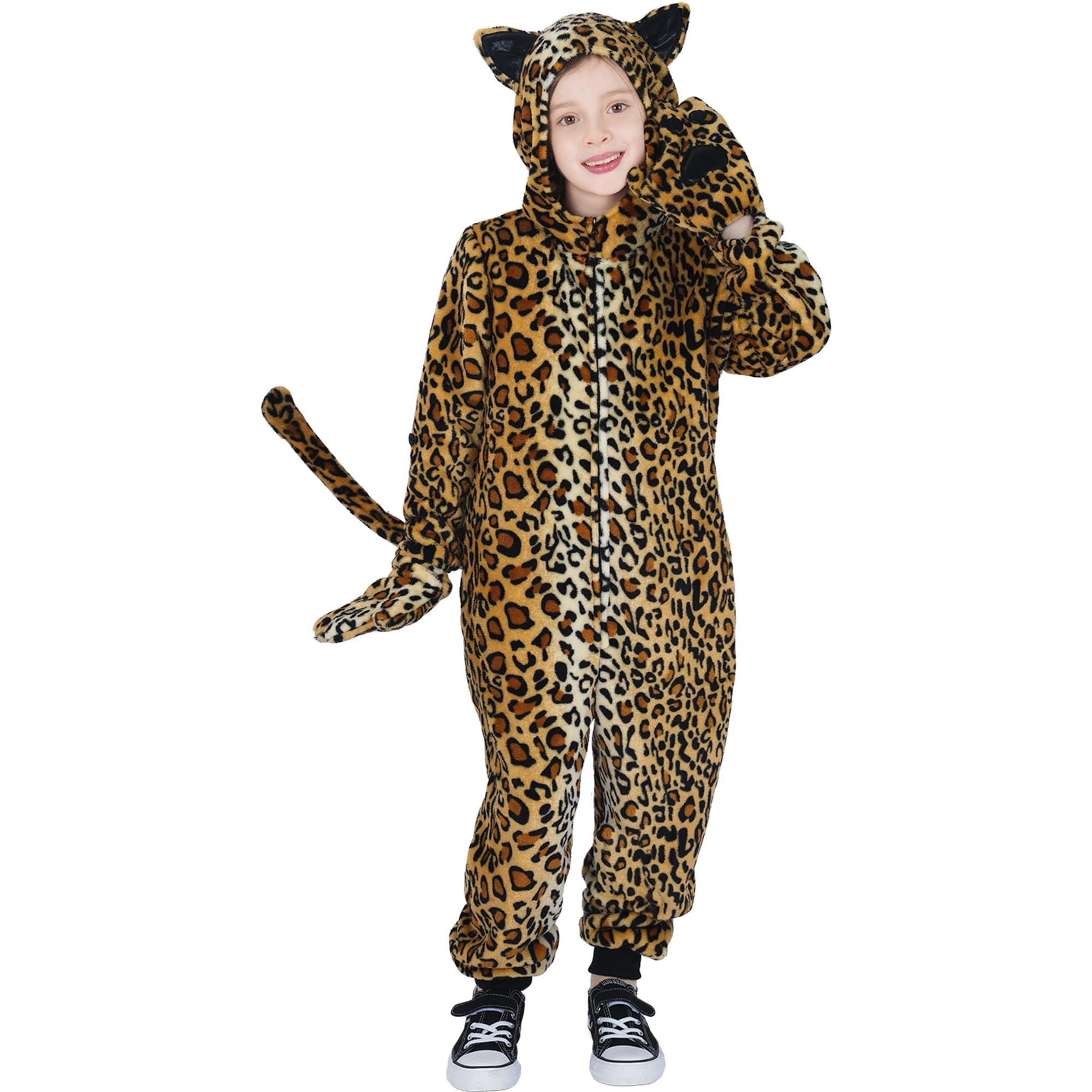 Wizland Kids Cheetah Onesie Costume,Boys and Girls Animal Outfits,One-Piece Hooded Flannel Leopard Fancy Dress 3-4 years