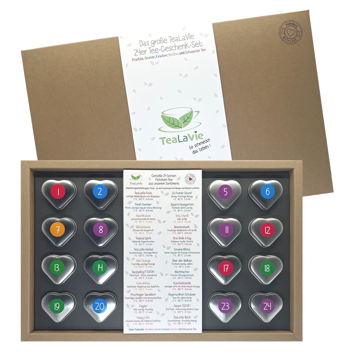 TEALAVIE Tee-Geschenk Set | Präsentbox mit 24 hochwertige lose Tees in edlen Teedosen | inkl. Standfuss | handgemacht | 220g