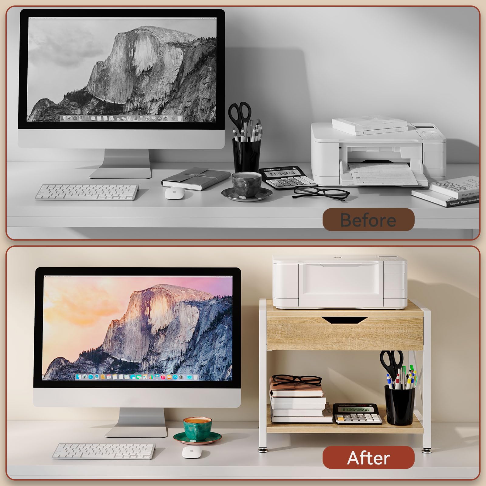 IBUYKE Soporte para impresora de escritorio de 2 niveles, organizador de escritorio multiusos, soporte de madera para impresora con cajón de almacenamiento para carpetas, libros, para máquina de fax,
