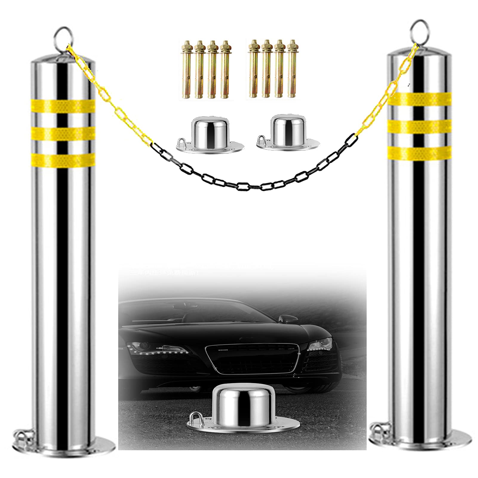 SnamicE Plastic Chain Barrier 5m and 2 Parking Bollards for Driveways Stainless Steel Barrier with Hanging Ring Movable Base Easy Installation,Silver-650x76mm/25.5x3in