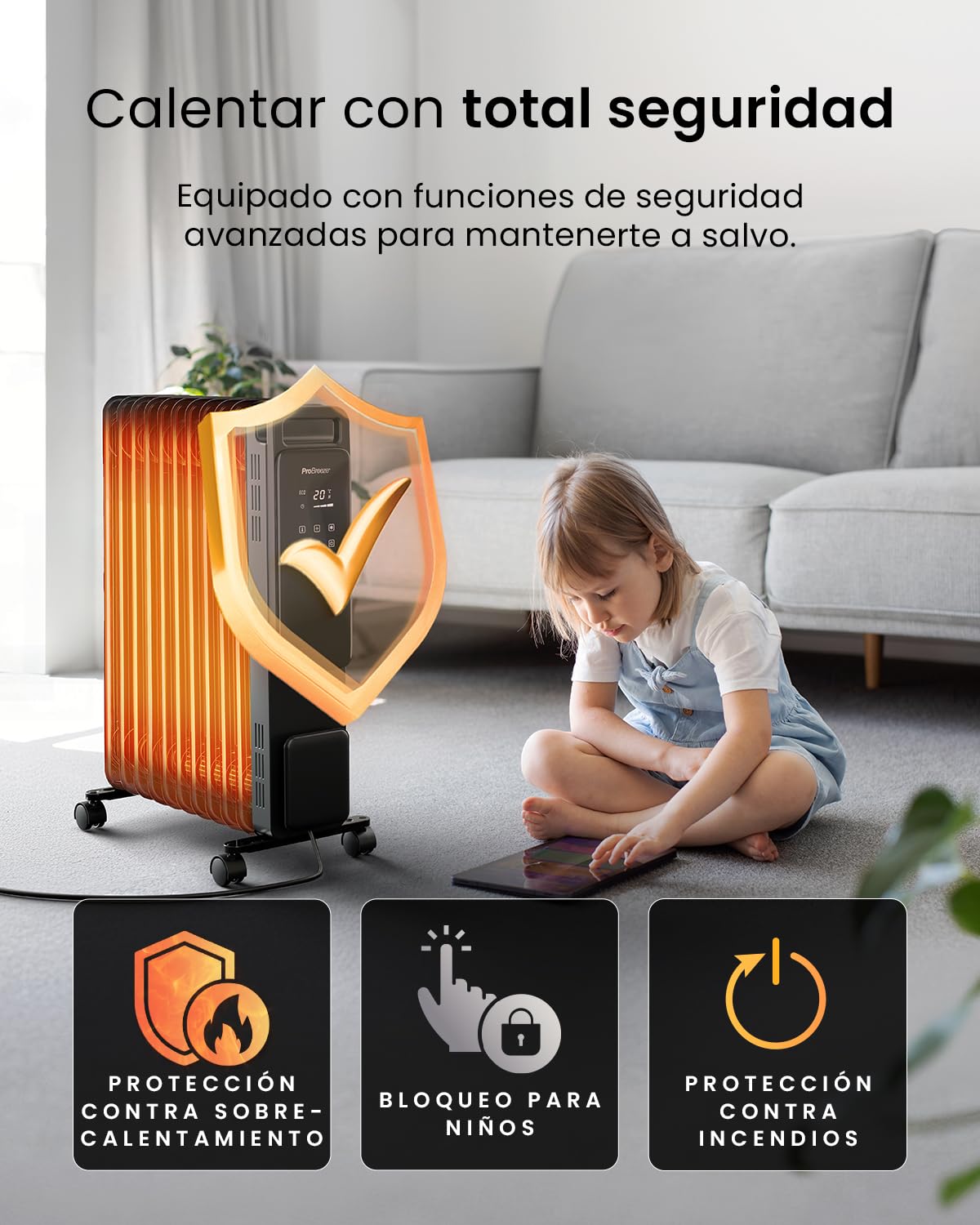 Pro Breeze OmniWarm Radiador de Aceite 2500W, 11 Aletas, Portátil, Pantalla Digital Táctil, Modo Eco, 3 Modos de Calor Ajustable, Apagado de Seguridad y Temporizador 24H