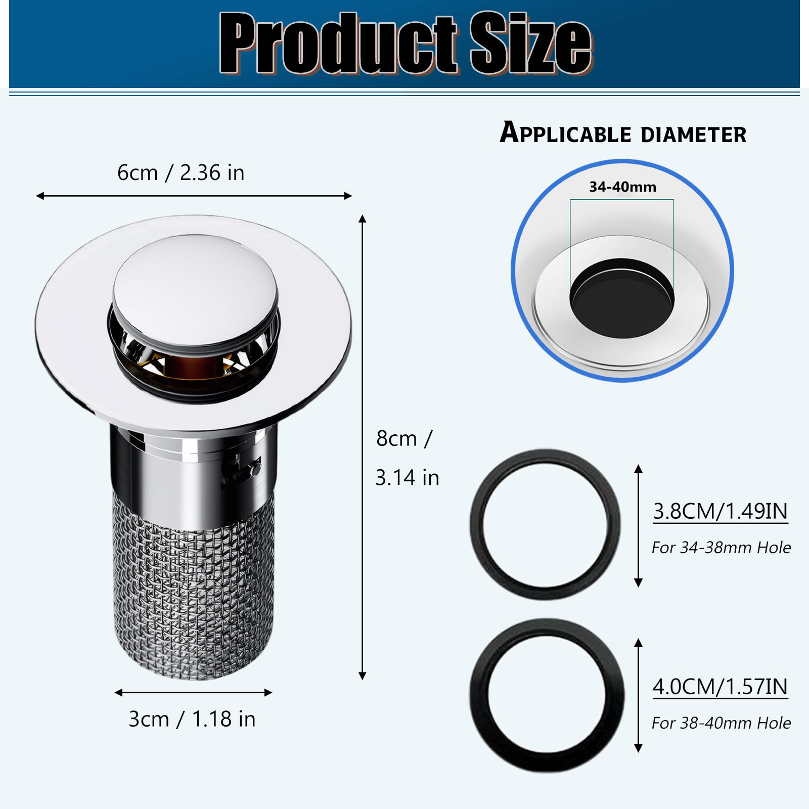 2 Stück Waschbeckenstöpsel Edelstahl - Pop-Up Abfluss Für 34-40 Mm Löcher