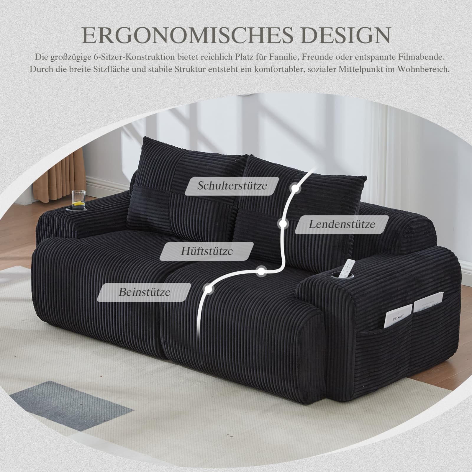 PUGSDRLY Canapé Modulaire en Velours Côtelé, Canapé d'angle Moderne, Assise Profonde, Accoudoirs Larges, sans Assemblage, avec Porte-Gobelet et Poches Latérales (Noir, 2 Places)