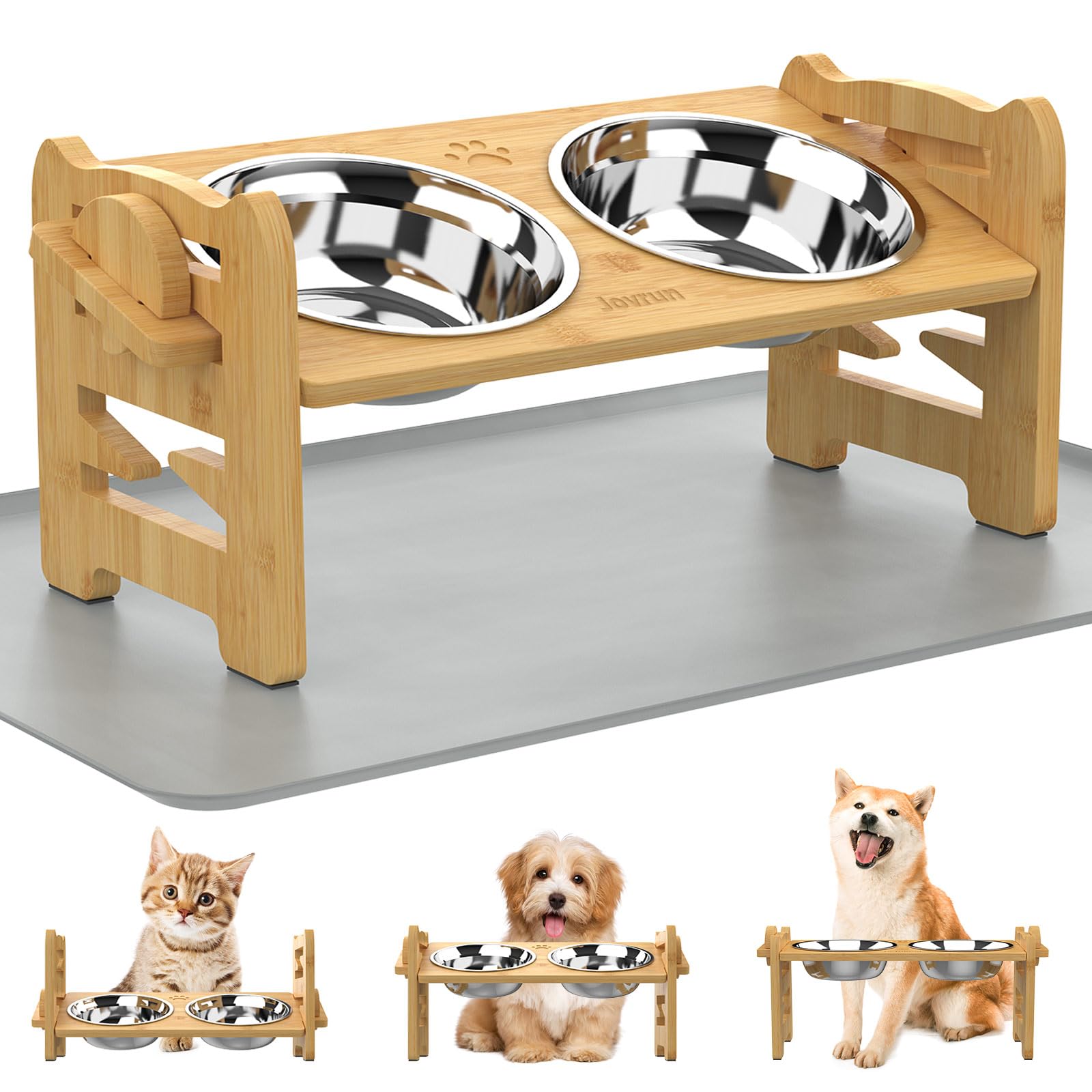 Jovrun Elevated Dog Bowls, Adjustable Raised Dog Bowl Stand for Small Size Dogs and Cats, Durable Bamboo Dogs Feeder with 2 Stainless Steel Bowls and