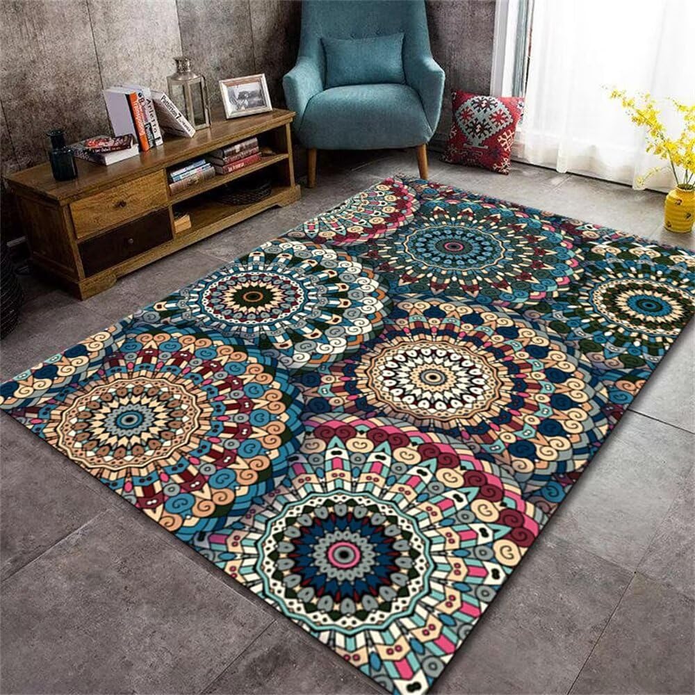 Tapis descente de lit rectangulaire bleu rétro motif floral flou chambre adulte ado 60x90cm