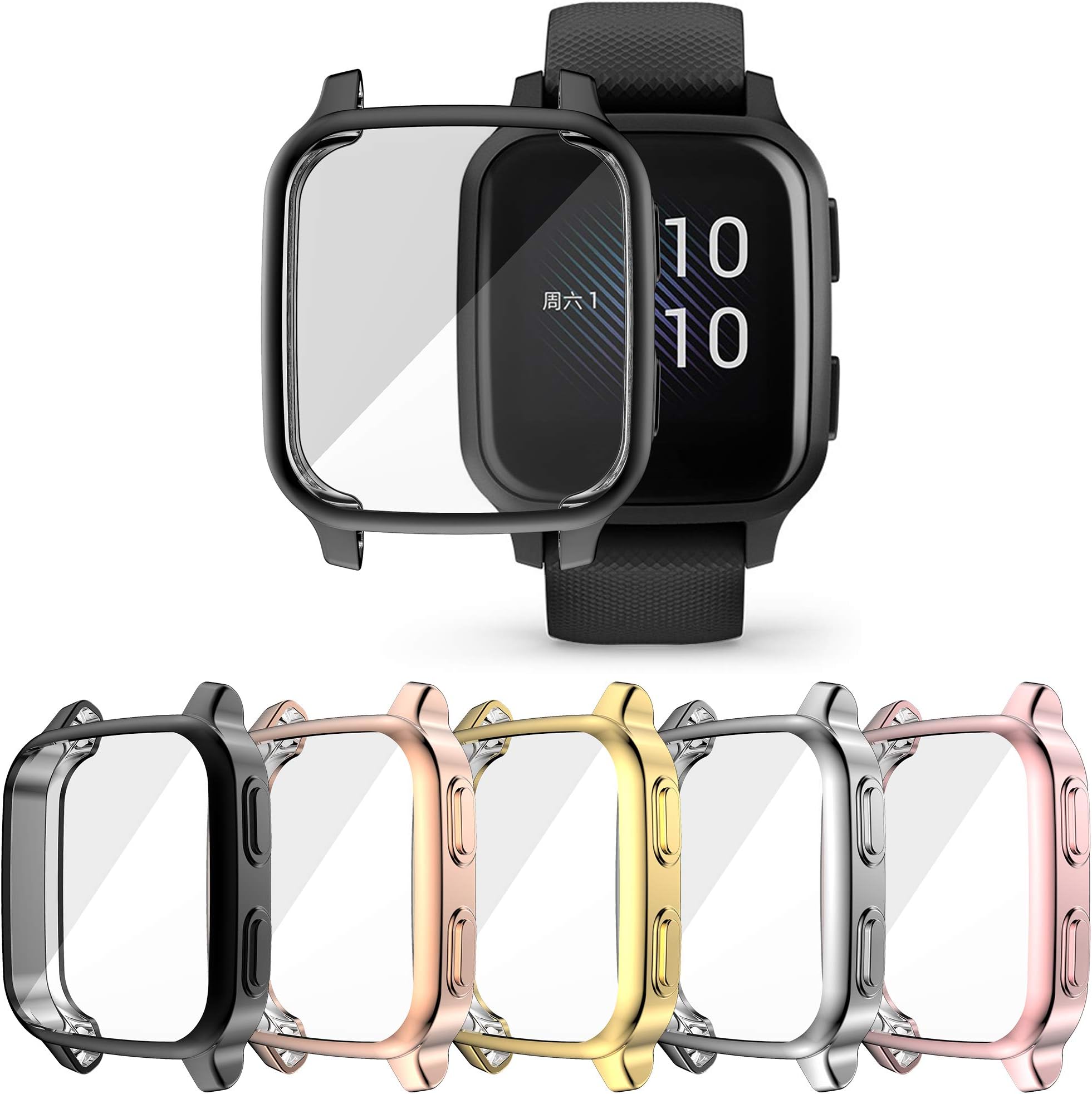 [5-Pack] Compatible with Garmin Venu Sq & Venu Sq 2 Screen Protector Case, All-Around Protective Cover Soft TPU Shockproof Bumper Frame (Black+Silver+Gold+Pink+Rose Gold)