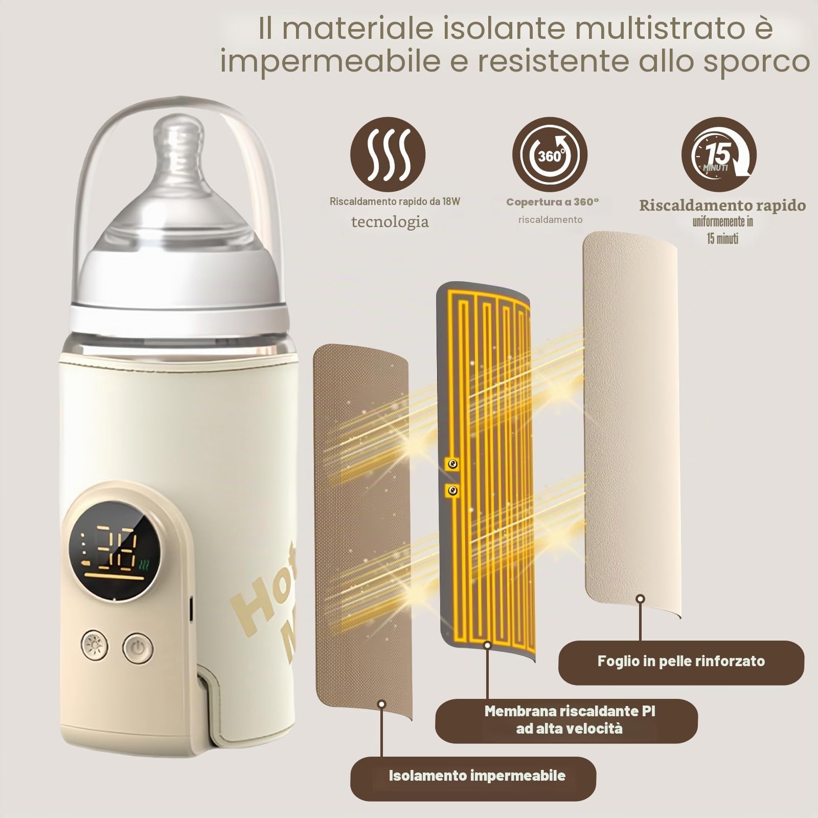 scaldabiberon per bambini, portatile, in viaggio con display LCD, ricarica USB, 6 temperature regolabili 38-50 ℃, scaldabagno per bambini in viaggio e in casa (beige)