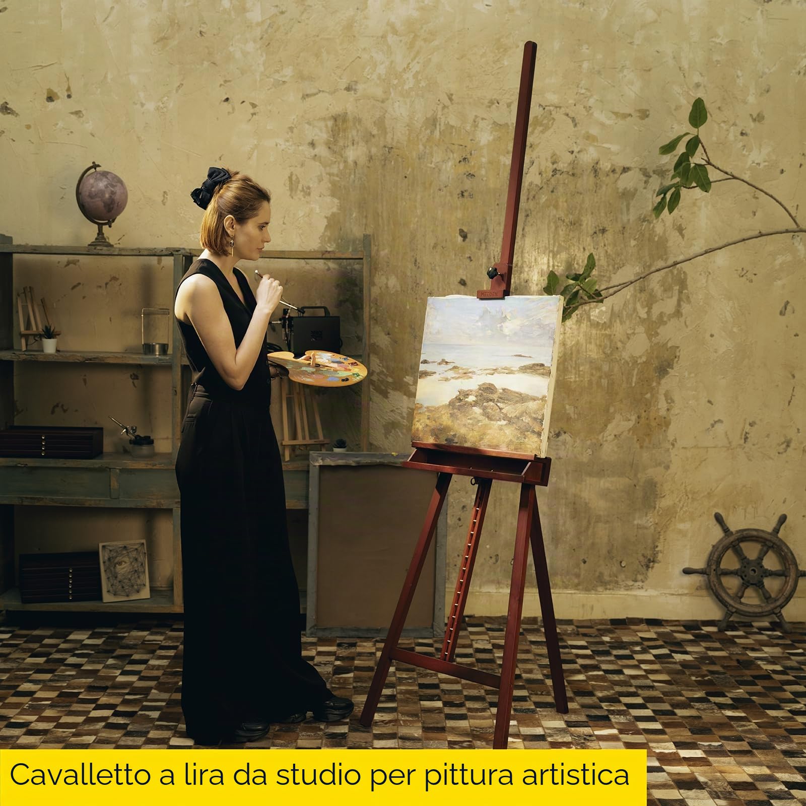 MEEDEN Cavalletto per Pittori Grandi in Noce Regolabile Cavalletto per Artisti in Legno Massello di Faggio, Cavalletto da Studio per Adulti con Portaspazzole, Supporta Tela fino a 122cm