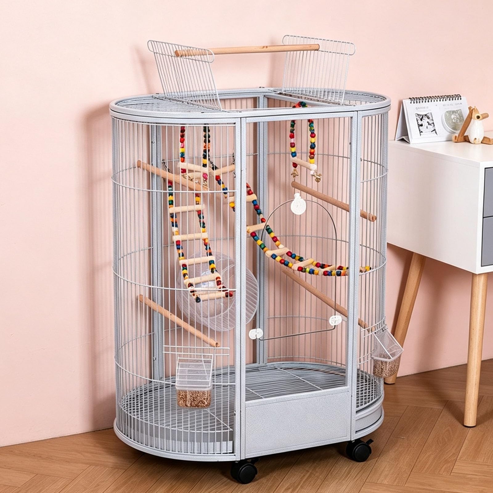 Gabbia per Uccelli Rotonda con Rotelle, Gabbie for Uccelli con Vassoio | Rotelle con bloccaggio a 360°, vassoio inferiore estraibile, chiusura di sicurezza anti-fuga