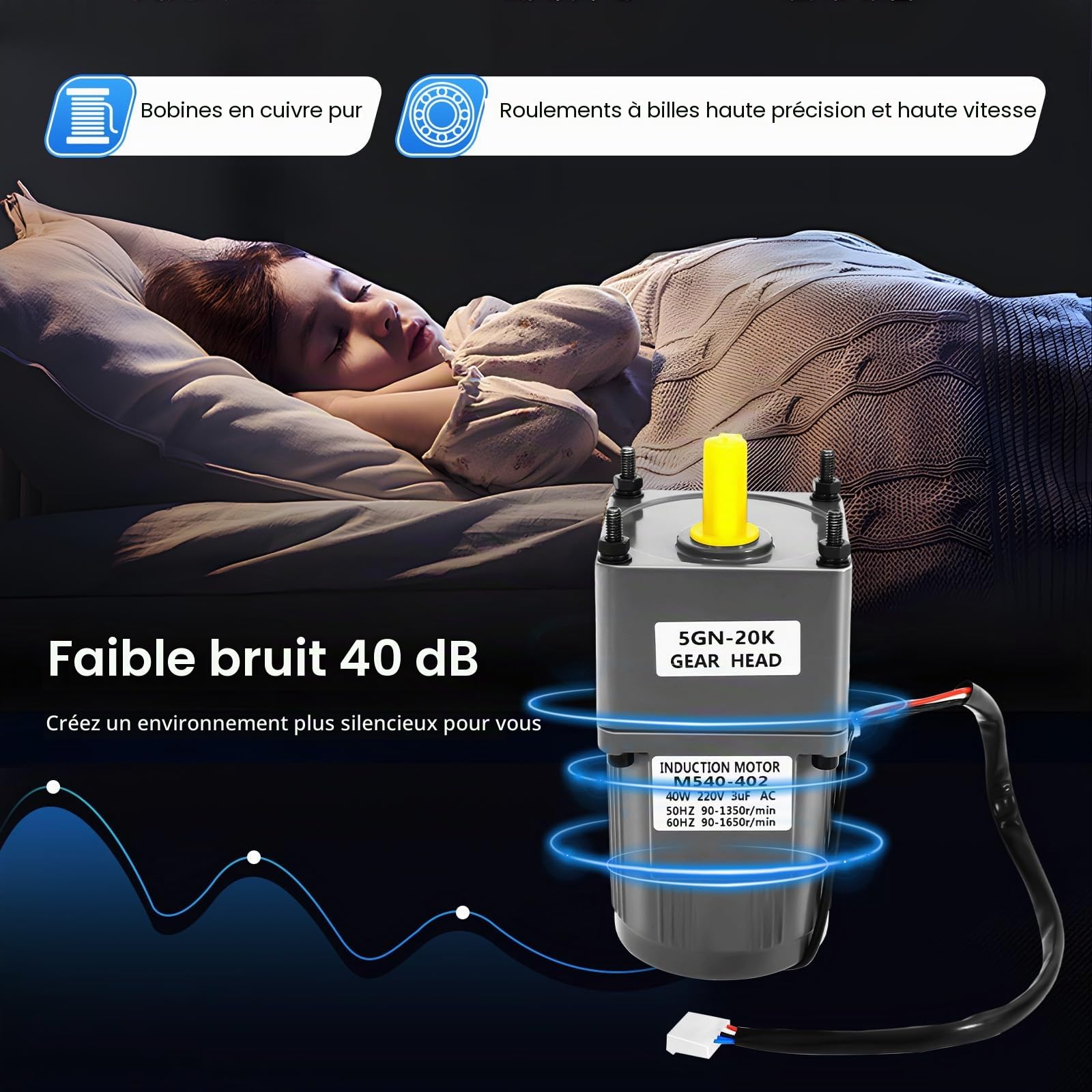 Motoréducteur Électrique 220 V 40 W (20 K), Moteurs à Vitesse Variable, Moteur à Engrenages Réglable Réglable en Continu Monophasé, avec Contrôleur de Vitesse Moteur à Engrenages 0-90rpm