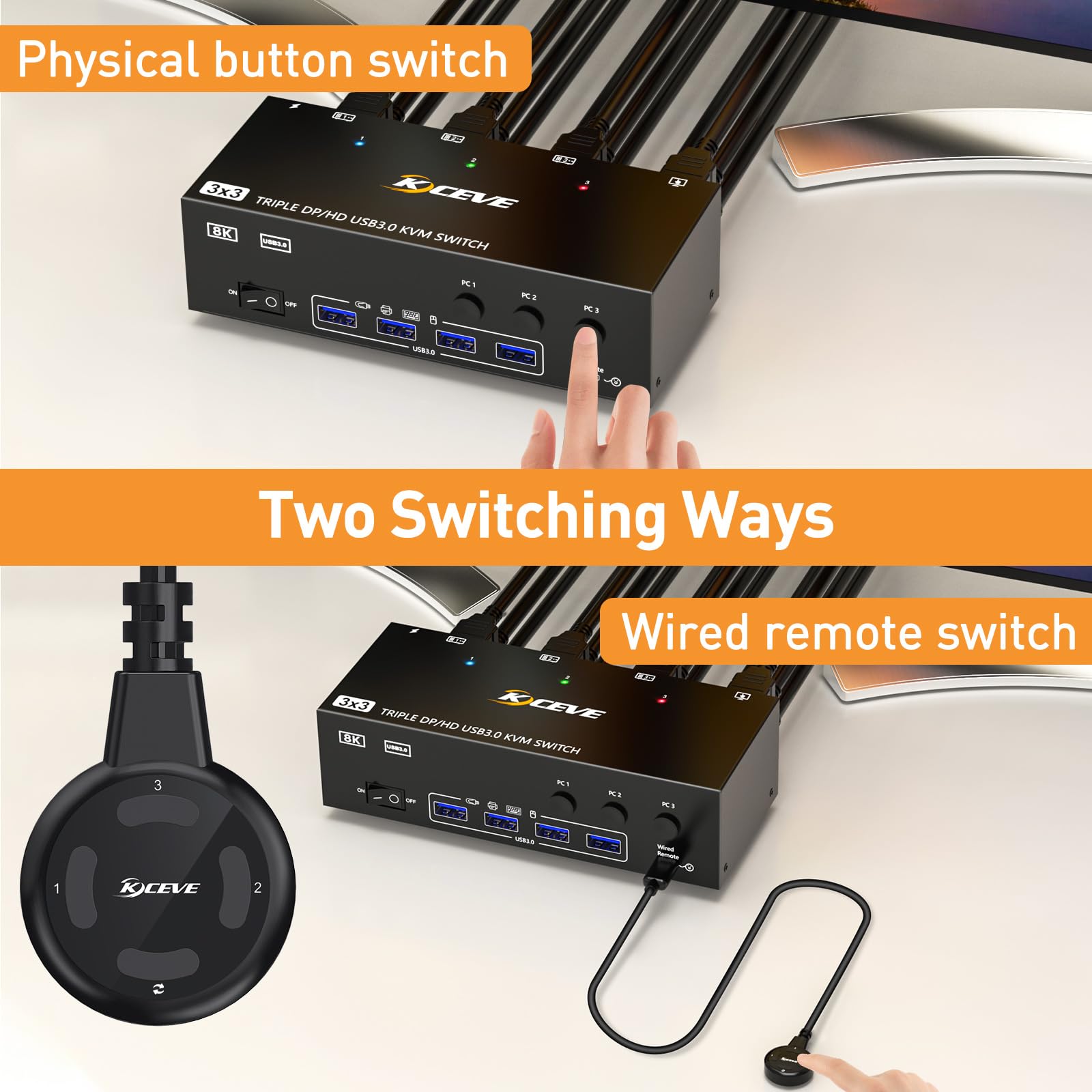 KVM Switch 3 Monitore 3 PC, Displayport HDMI USB 3.0 KVM-Umschalter Dreifachanzeige, unterstützt 4K@60 Hz für 3 Computer