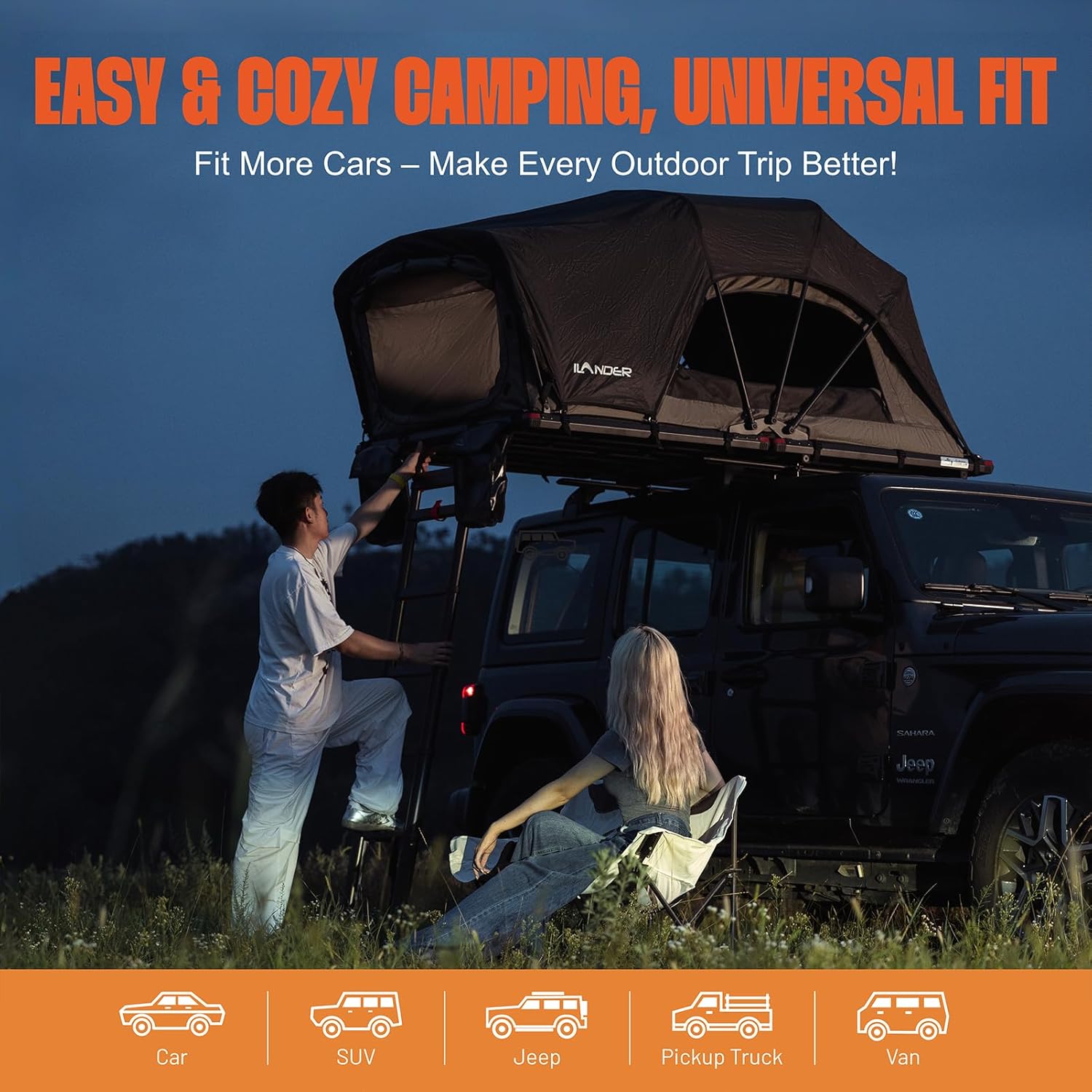 ILANDER Rooftop Tent Hard Shell,Roof Top Tent Camping for SUV Van Jeep Truck, Lightweight Foldable Car Rooftop with Ladder, Waterproof and UV-Resistant Overland Roof Tents for 2-3 Person,1.4M