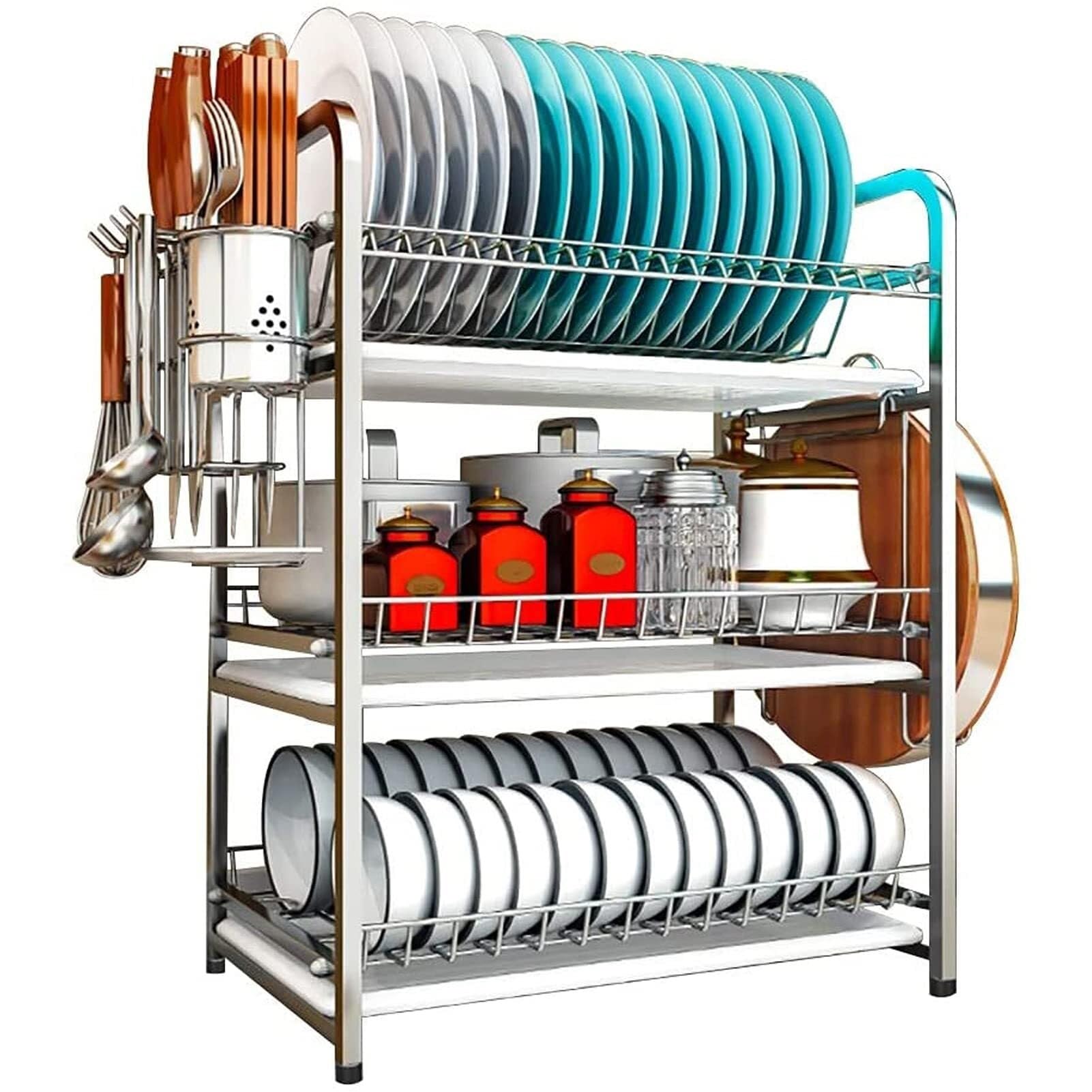 SaryEdge Kitchen Dish Drying Rack 3-Tier Stainless Steel Over Sink Drainer with Cutting Board Holder & Utensil Caddy, Kitchen Drying Storage Organizer Shelf with Drip Tray,
