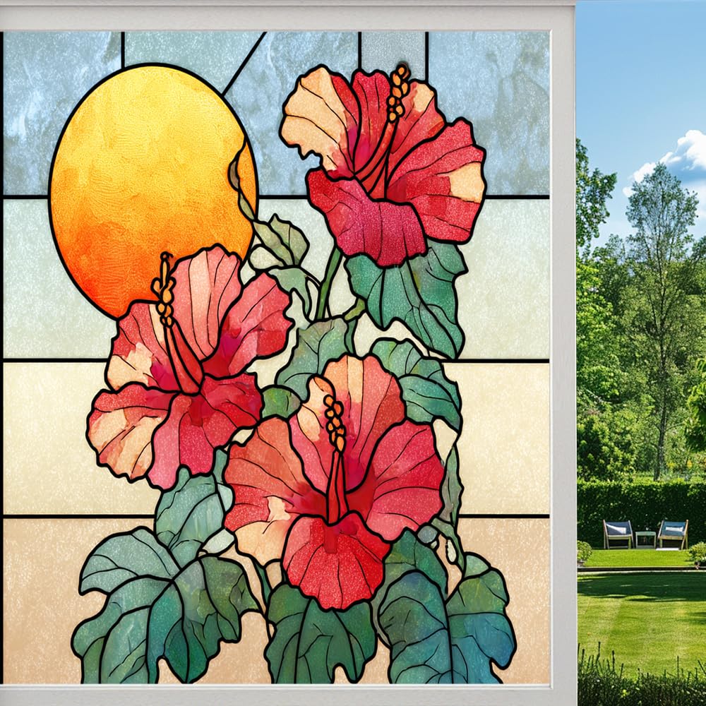 Colorful Hibiscus Flower Frosted Window Film, Tropical Floral Sunset Stained Glass Privacy Film, Heat Insulation Self-Adhesive Vinyl for Bathroom Office, （55x100cm）