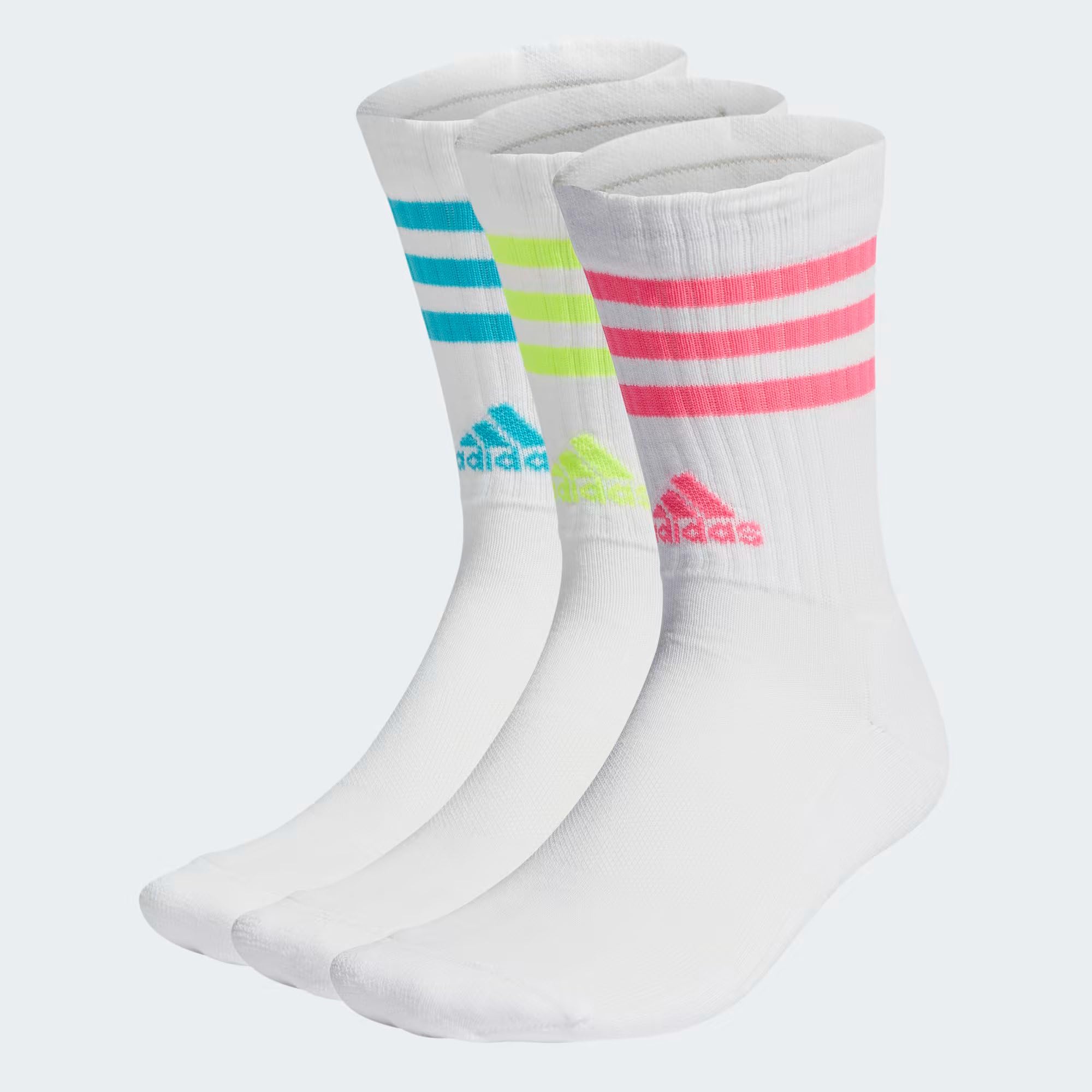 adidas Unisex 3-Stripes Cushioned Crew Socks 3 Pairs, White/Lucid Cyan/Lucid Lemon/Lucid Pink, 13-14.5