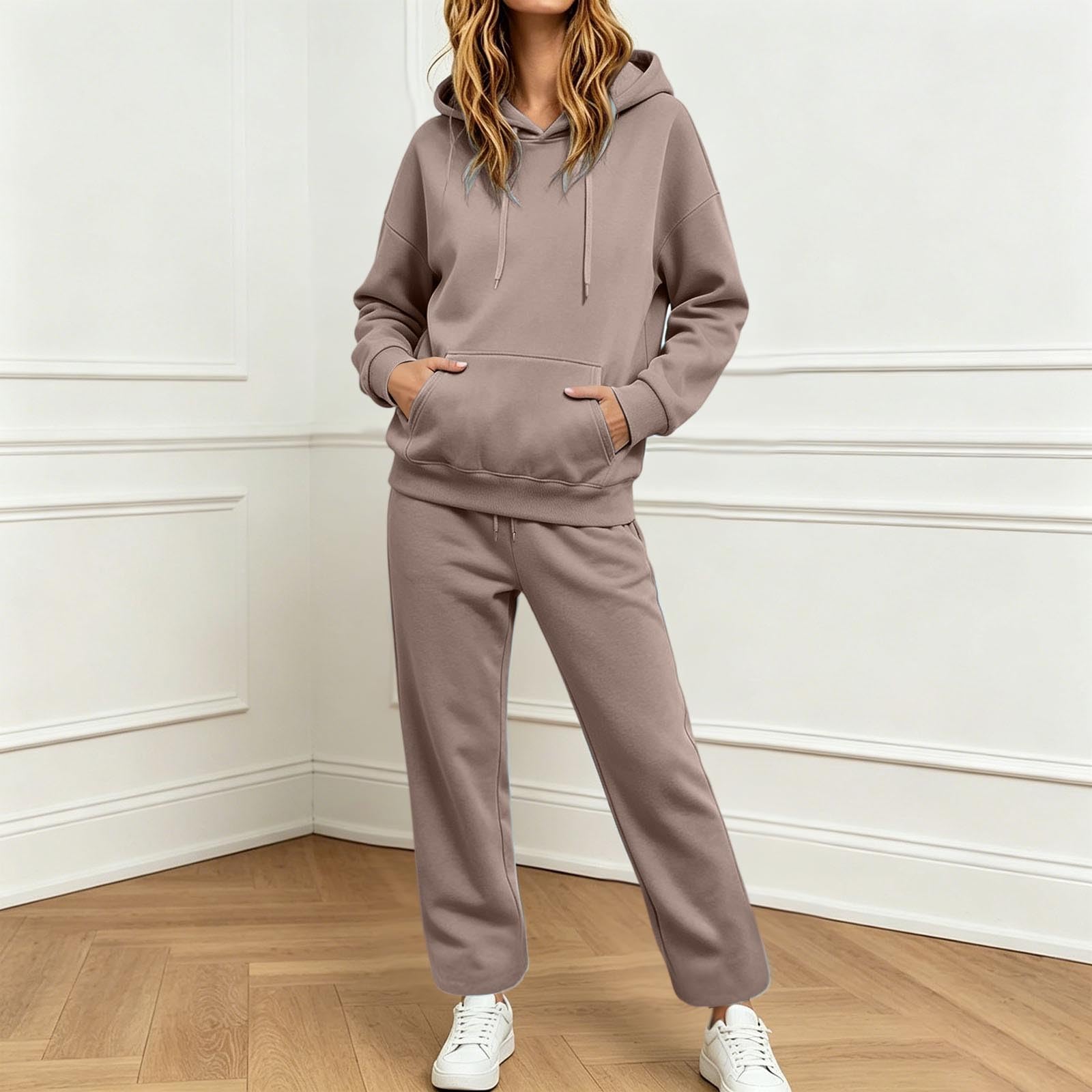 Tuta sportiva da donna, 2 pezzi, felpa con cappuccio e gamba dritta, per il tempo libero, comoda tuta da fitness, casual, a maniche lunghe