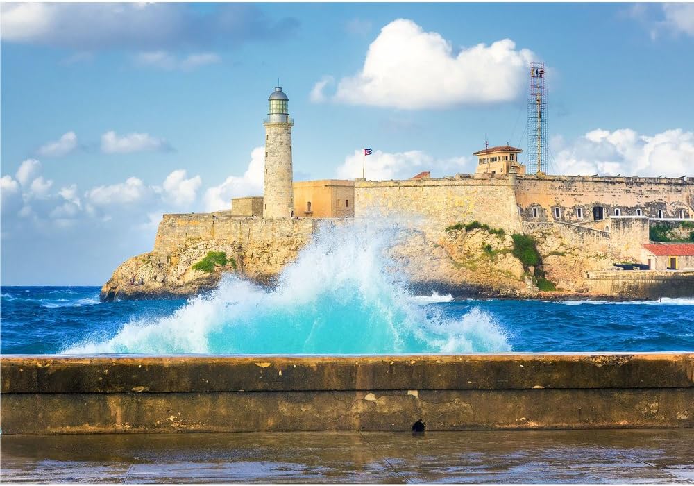 wall26 - Hurricane in Havana with a View of The Castle of El Morro and Big Waves Crashing Against The Wall - Removable Wall Mural | Self-Adhesive Large Wallpaper - 66x96 inches