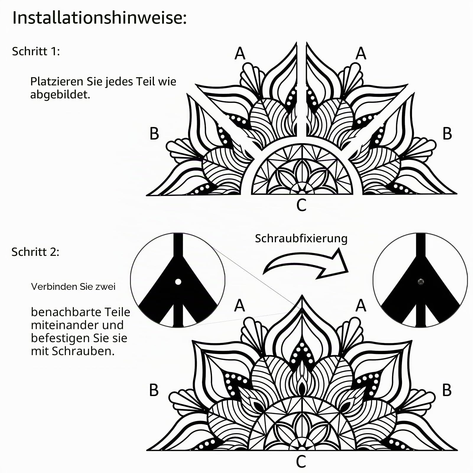 ESTART Große Metall-Mandala-Wanddekoration, einzigartige Lotusblumen-Wandkunst für Zuhause Schlafzimmer Büro drinnen und draußen (Schwarz)