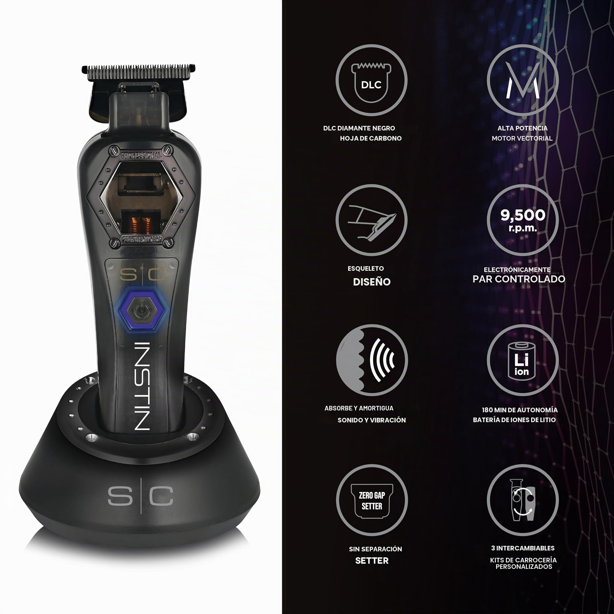 Cortapelos Hombre Profesional Stylecraft Instinct Trimmer Metal de Gamma Più, Cortadora de Pelo con Par Controlado Electrónicamente, 180 Min Autonomía, Cuchilla Ajustable 0 Gap, Carcasa de Metal