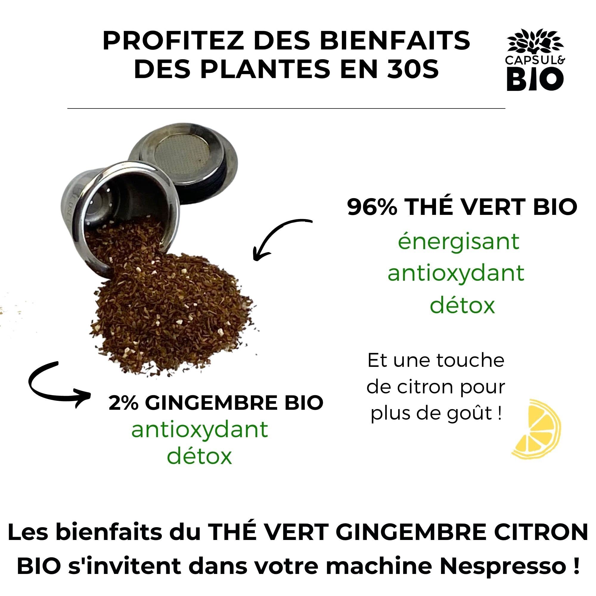 KAPSUL&BIO - Organiczna zielona herbata z cytryną imbiru, opakowanie 125 gr - Natychmiastowy drobny kubek do zimnego lub gorącego naparu - 100% naturalne składniki certyfikowane przez Ecocert - produkcja francuska