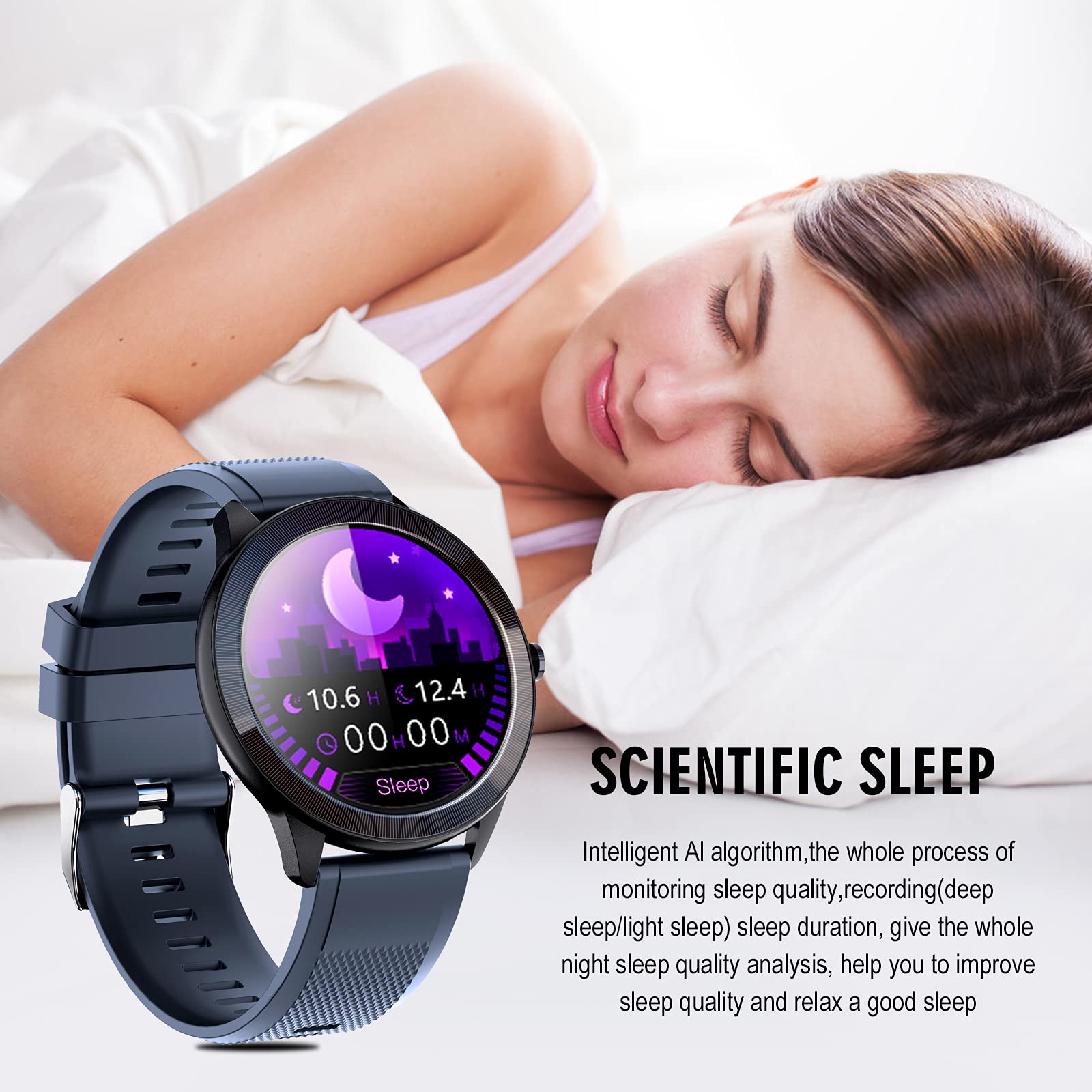Reloj inteligente, 1.28''HD Fitness Tracker con pantalla táctil Monitor de ritmo cardíaco Cámara Control de música, reloj deportivo Bluetooth para mujeres y hombres, IP68 impermeable SmartWatch
