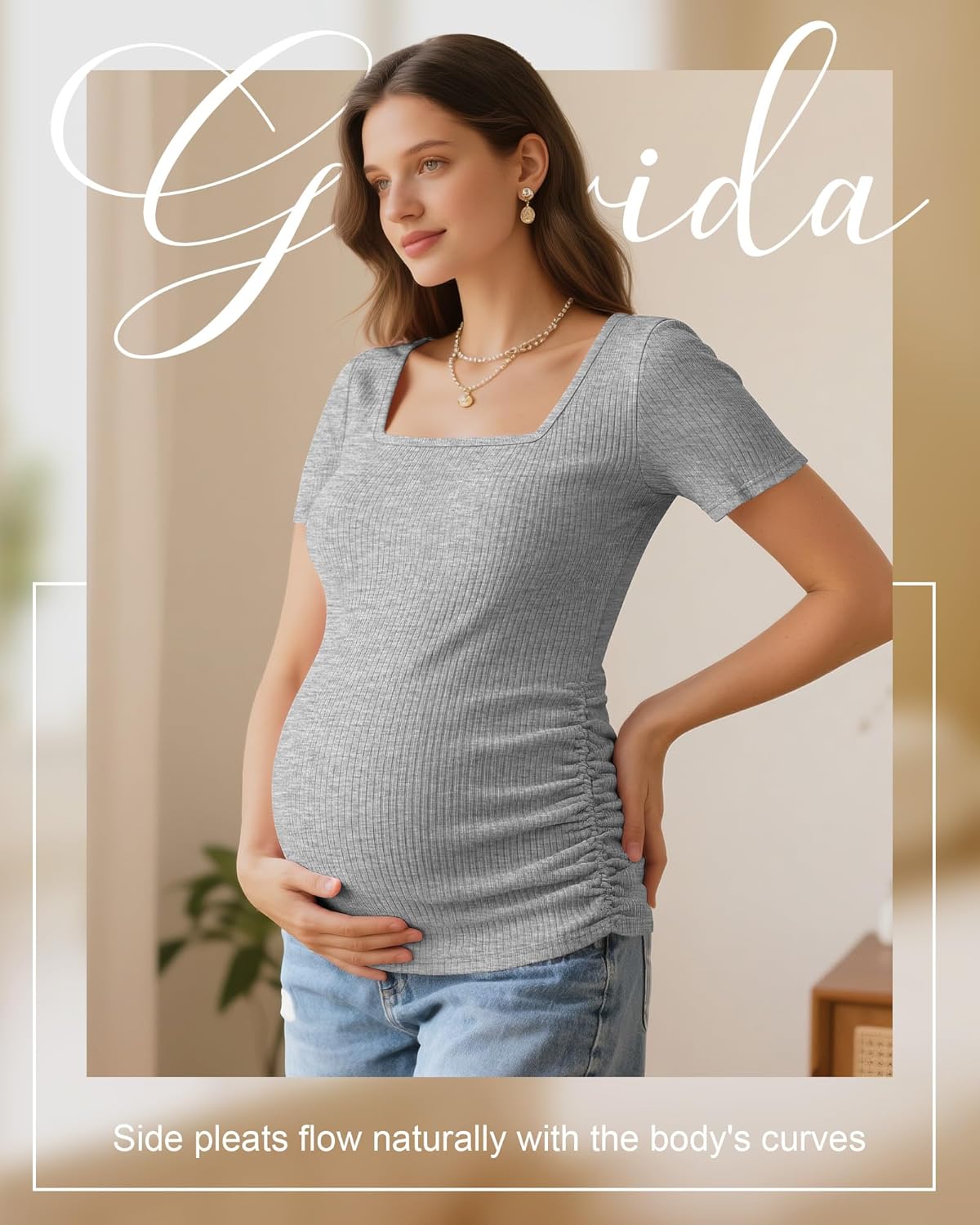 Huukeay 3 Pack Women's Maternity Shirt Ribbed Cotton Short Sleeve Maternity Top Square Neck Side Ruched Summer Pregnancy Tees - Image 3