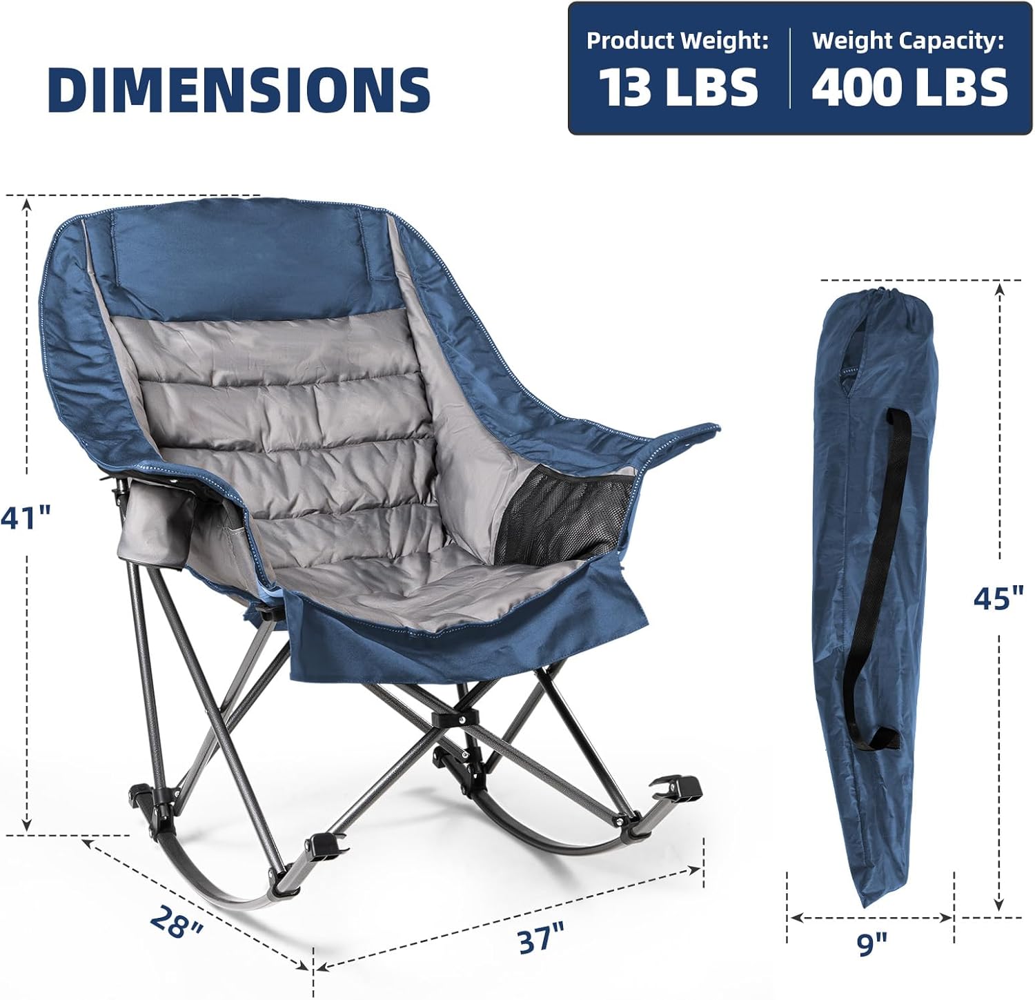 Oversized Rocking Camping Chair for Adults - 400lbs Capacity Padded Camp Chair with Cup Holder, Portable Foldable Outdoor Rocker Chair for Camping, Backyard (Blue & Dark Gray, 1 PCS)