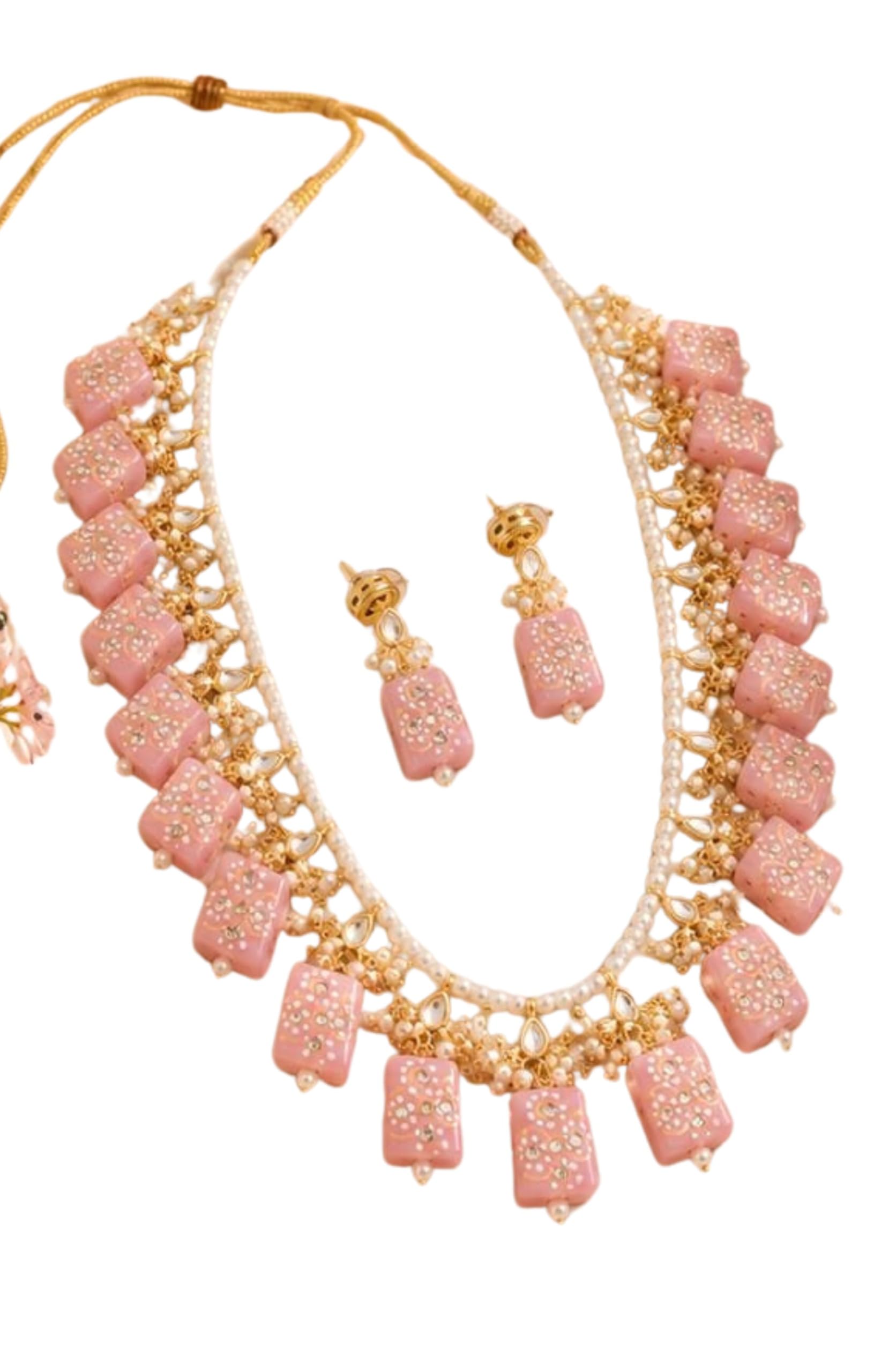 Women's Handcrafted Pearl Beads Pink Design Adjustable Dori Necklace with Matching Earrings Set-image-38