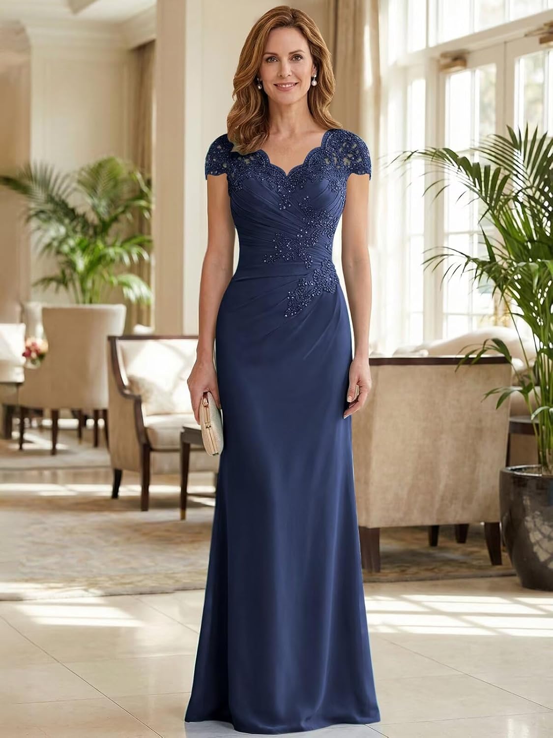 Long Lace Mother of The Bride Dresses for Women Elegant Chiffon V Neck Formal Wedding Guest Dress with Sleeves - Image 2