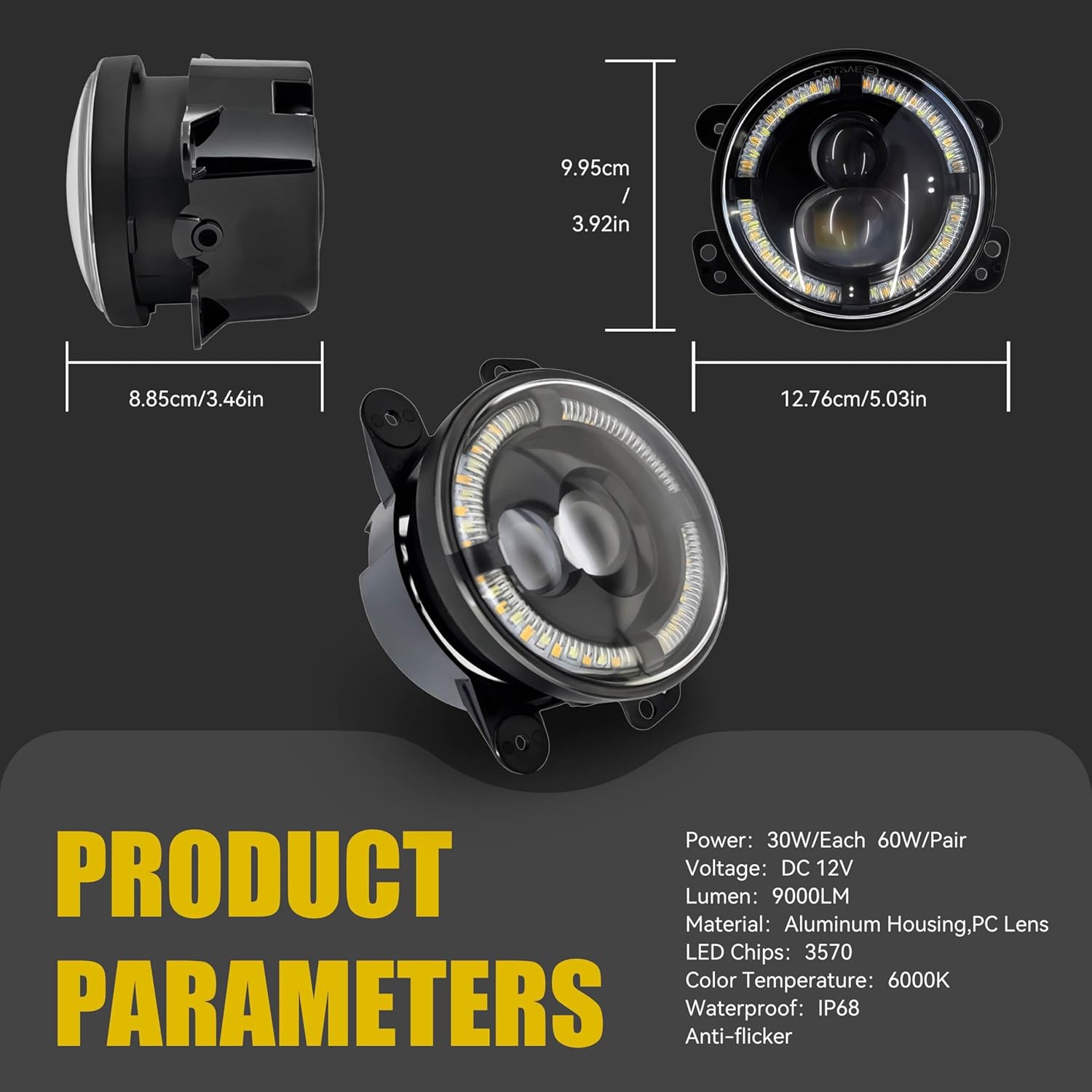 4 Inch LED Fog Lights 60W High-Intensity DIY Off Road Fog Lamp for Jeep Wrangler JK Rubicon Unlimited JKU 2007-2018,Round Fog Lamps with High and Low Beam